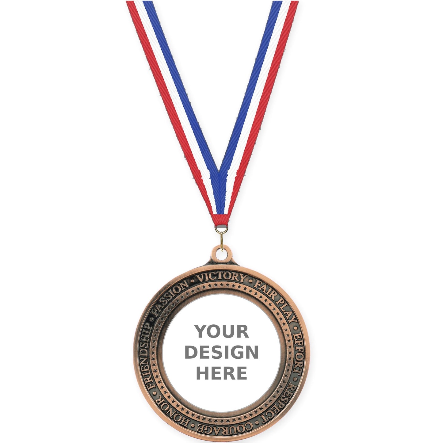 2 3/4 inch Inspiration Ring insert medal in antique bronze with Red White Blue neck ribbon