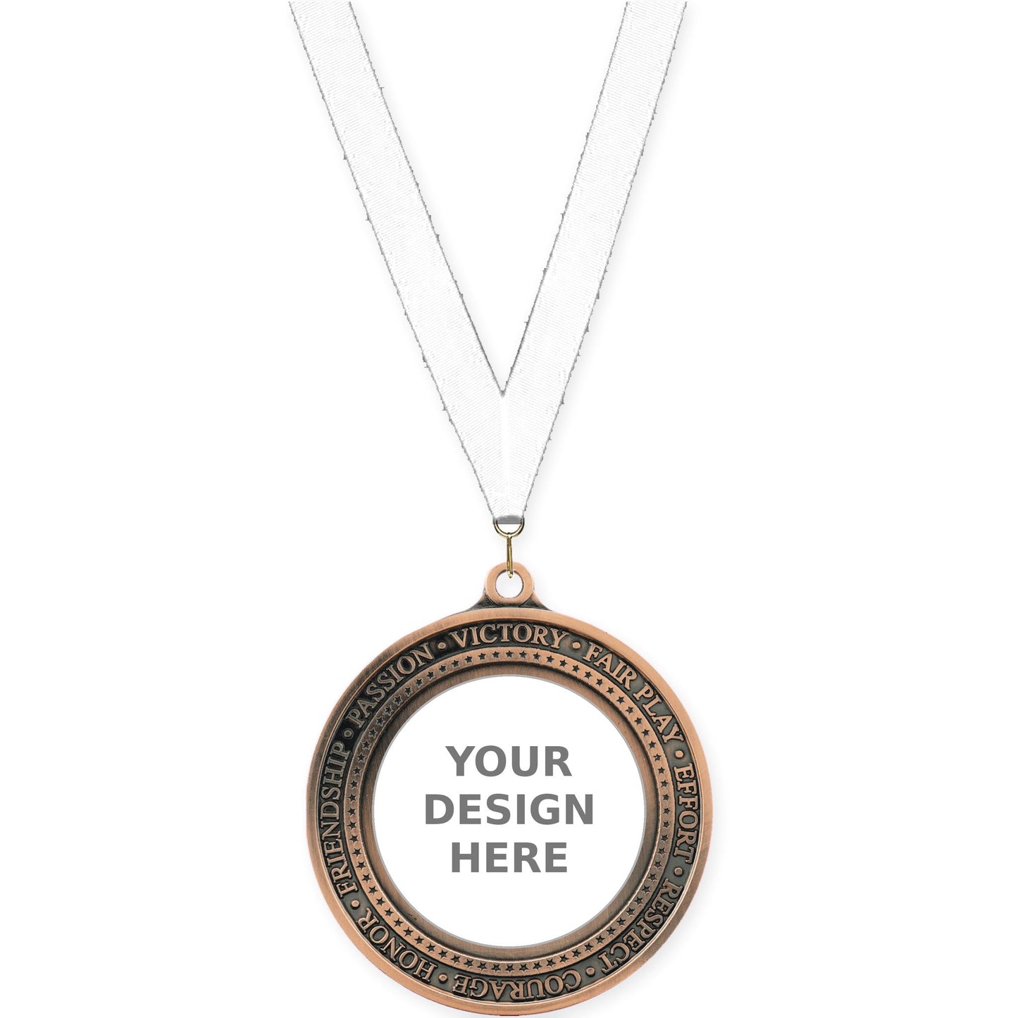 2 3/4 inch Inspiration Ring insert medal in antique bronze with White neck ribbon