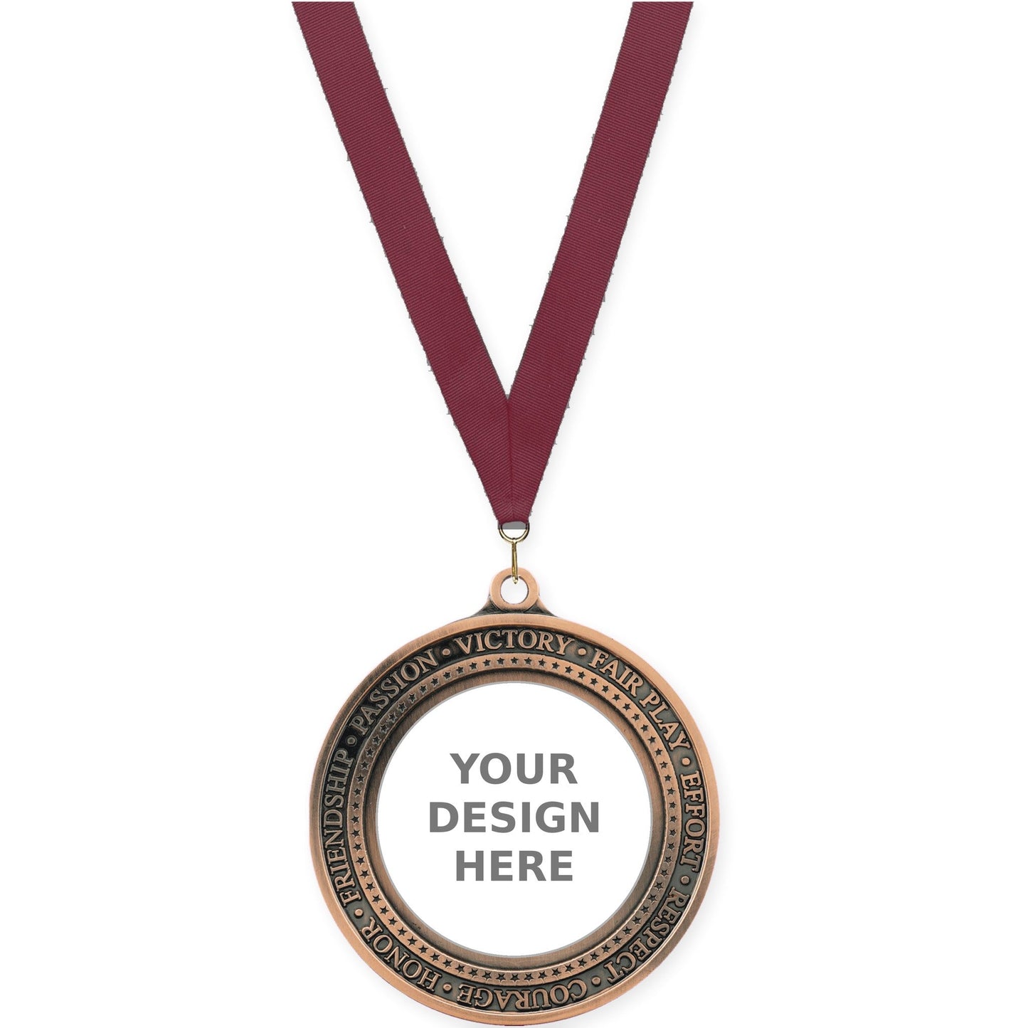 2 3/4 inch Inspiration Ring insert medal in antique bronze with Maroon neck ribbon