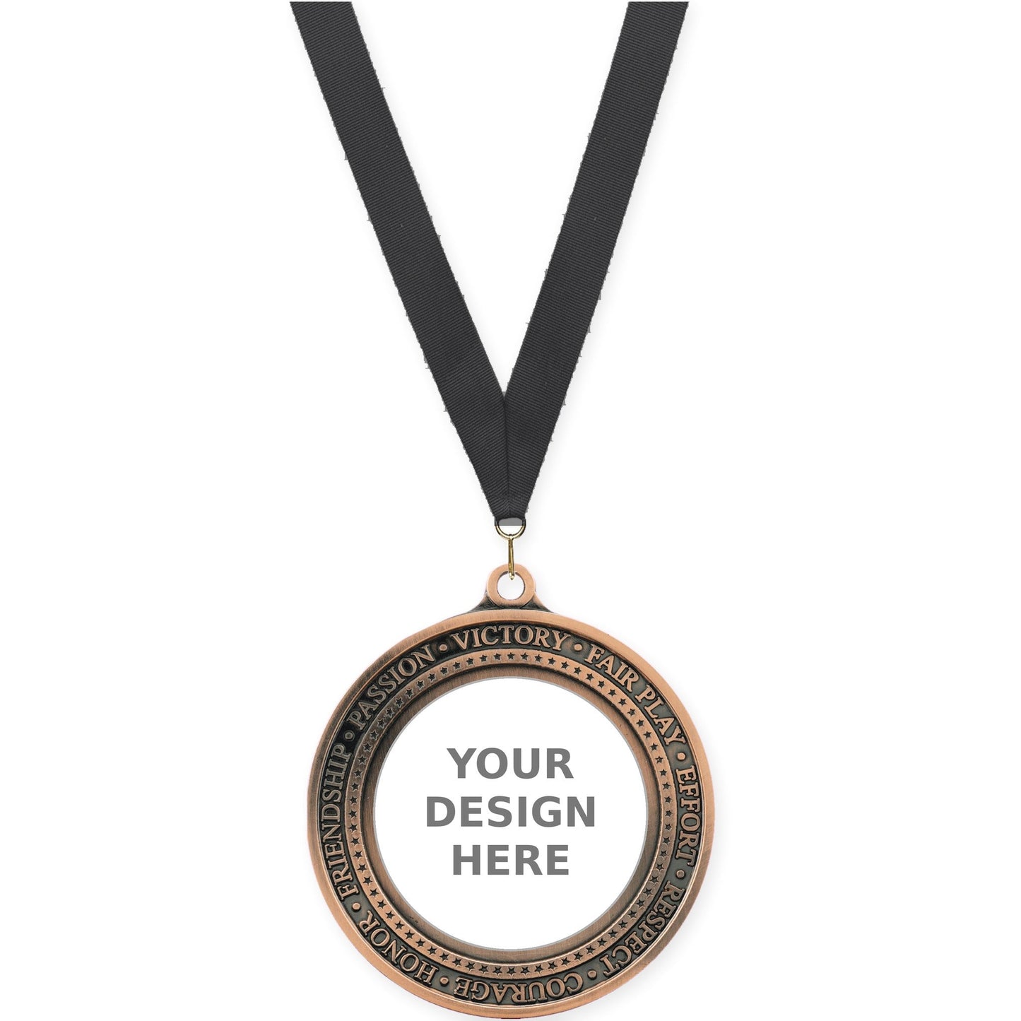 2 3/4 inch Inspiration Ring insert medal in antique bronze with Black neck ribbon