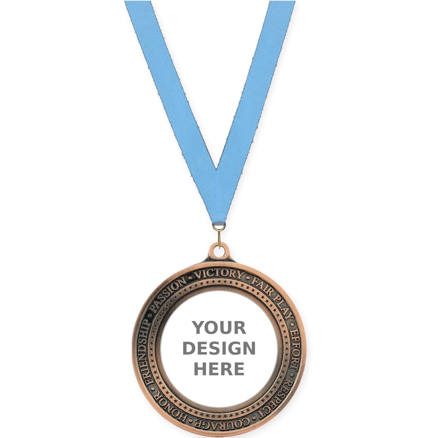 2 3/4 inch Inspiration Ring insert medal in antique bronze with Light Blue neck ribbon