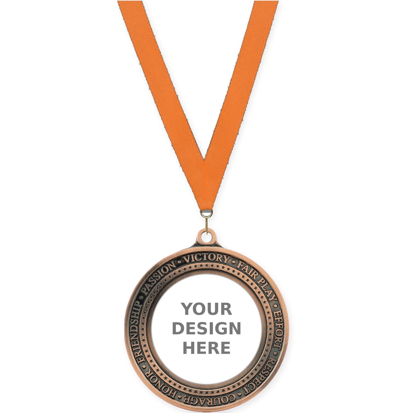 2 3/4 inch Inspiration Ring insert medal in antique bronze with Orange neck ribbon