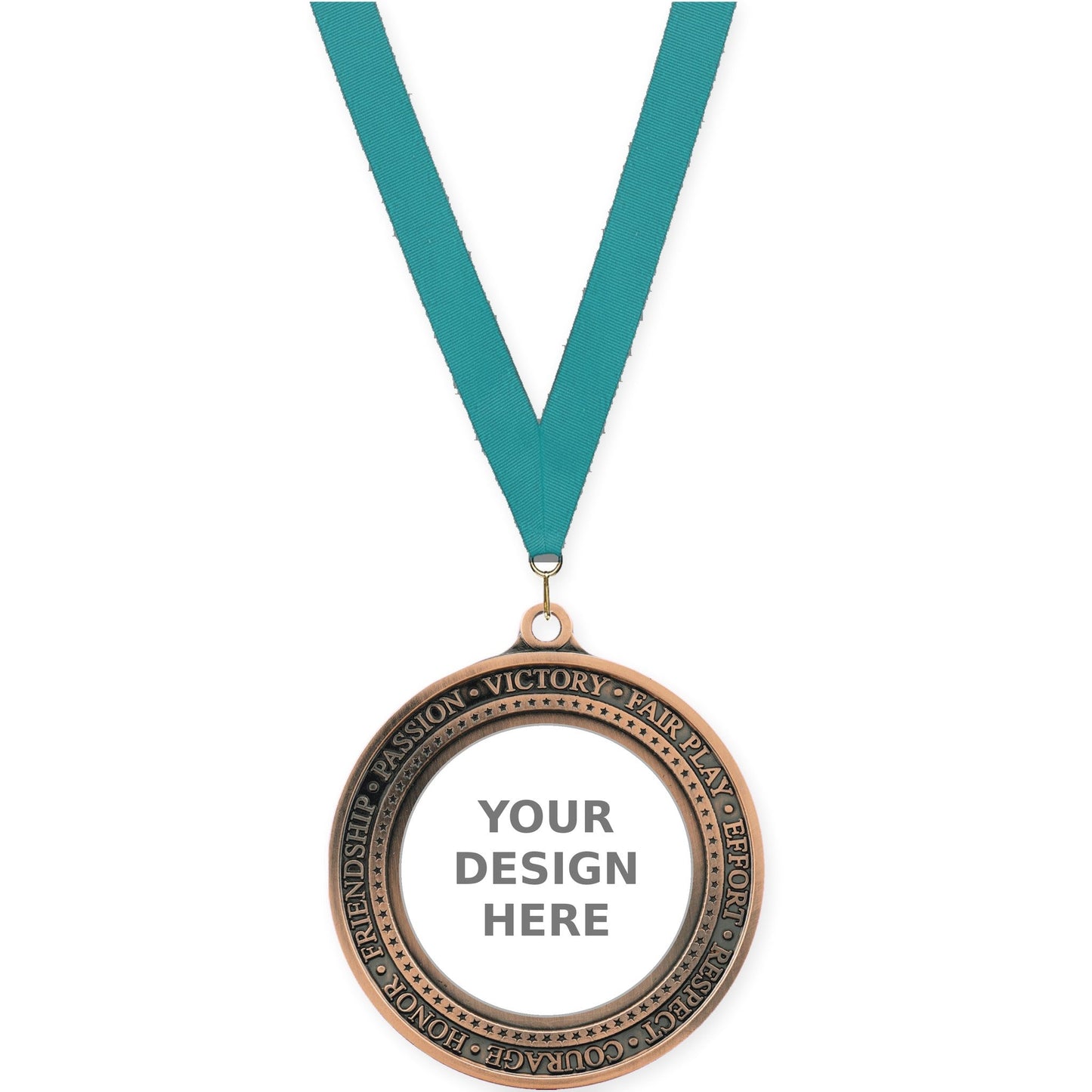2 3/4 inch Inspiration Ring insert medal in antique bronze with Teal neck ribbon