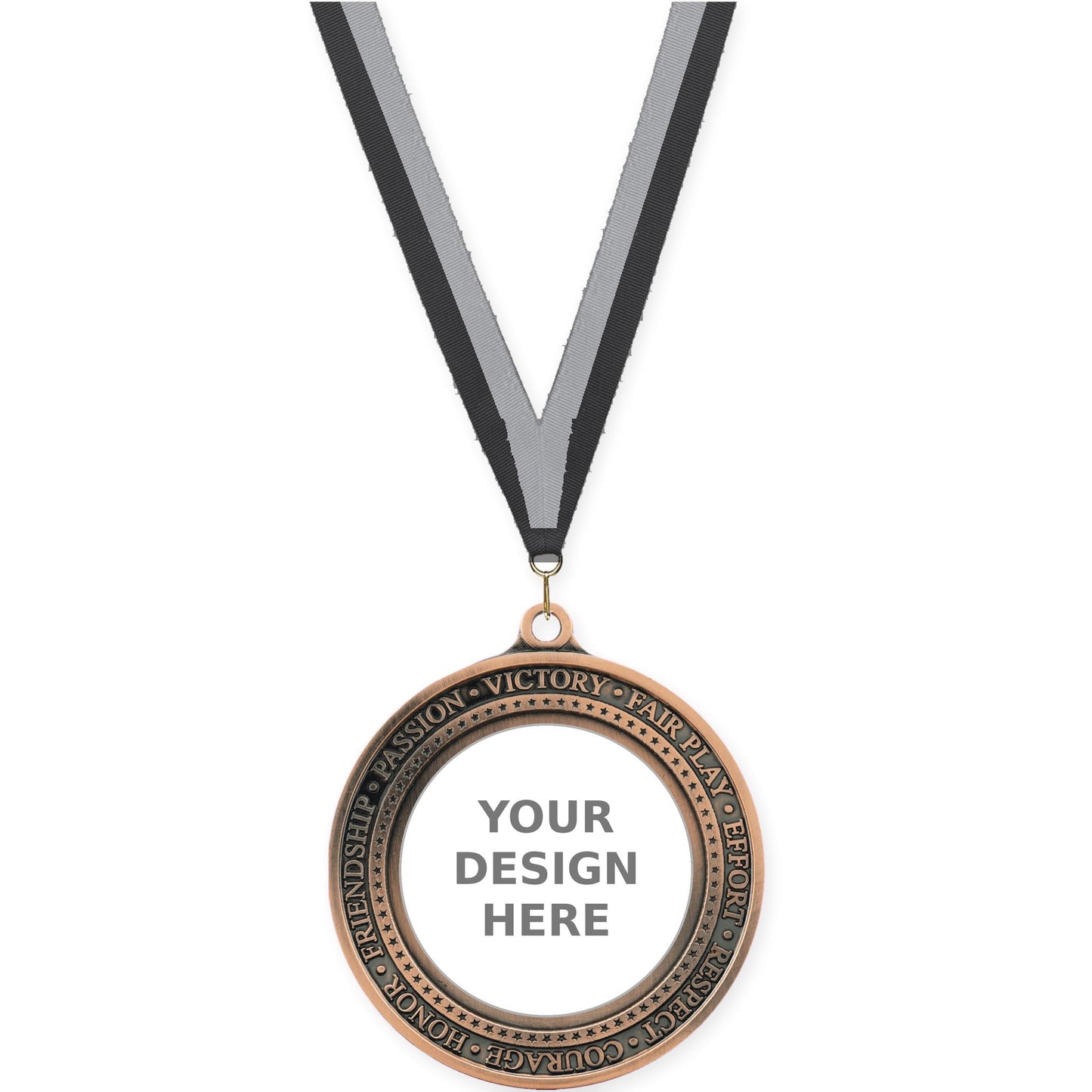 2 3/4 inch Inspiration Ring insert medal in antique bronze with Black Gray neck ribbon