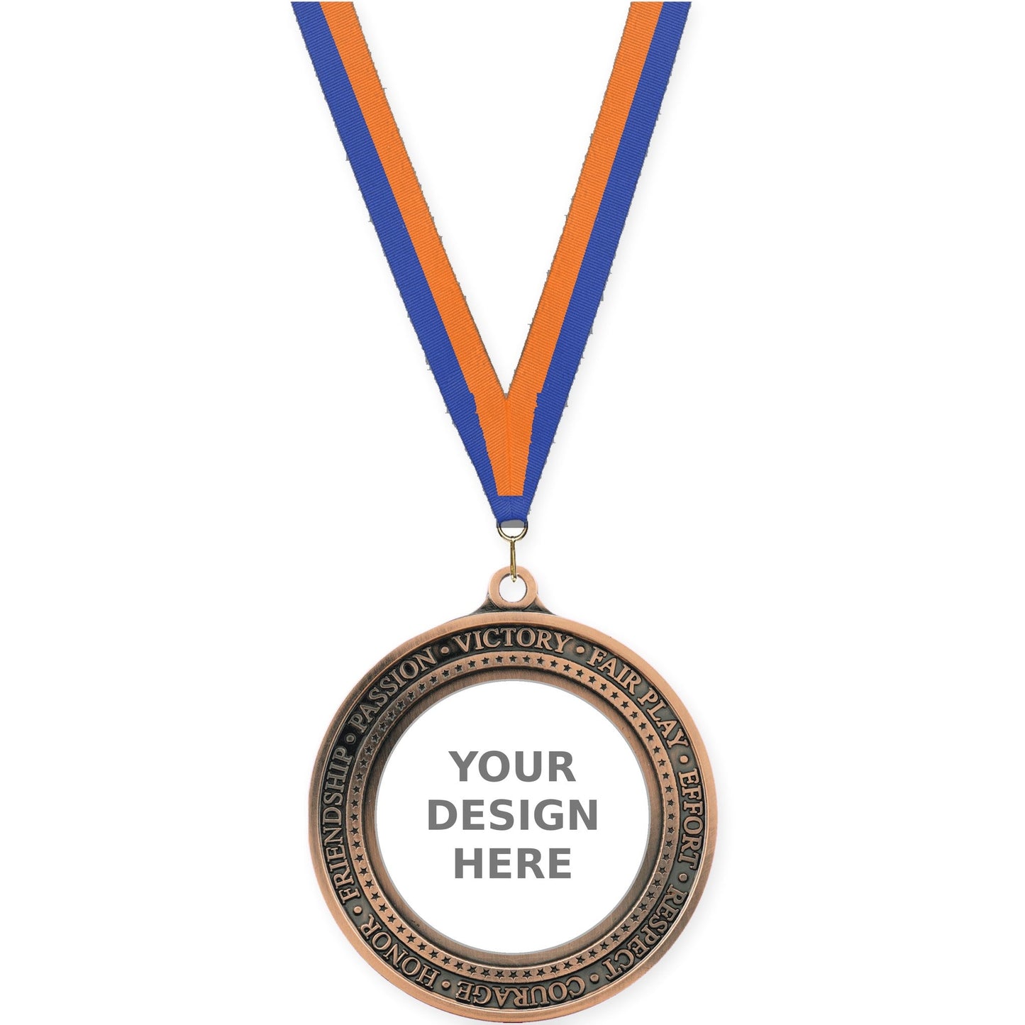 2 3/4 inch Inspiration Ring insert medal in antique bronze with Blue Orange neck ribbon