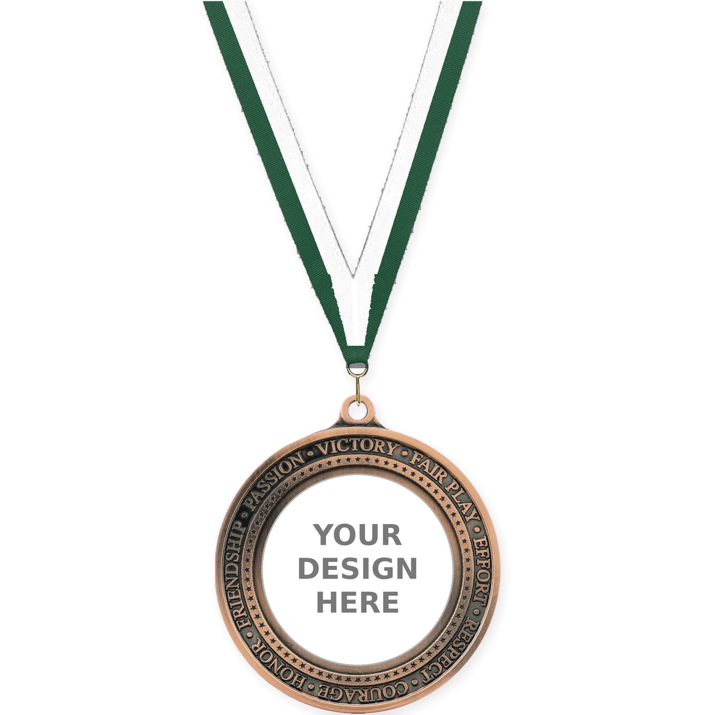 2 3/4 inch Inspiration Ring insert medal in antique bronze with Hunter Green White neck ribbon
