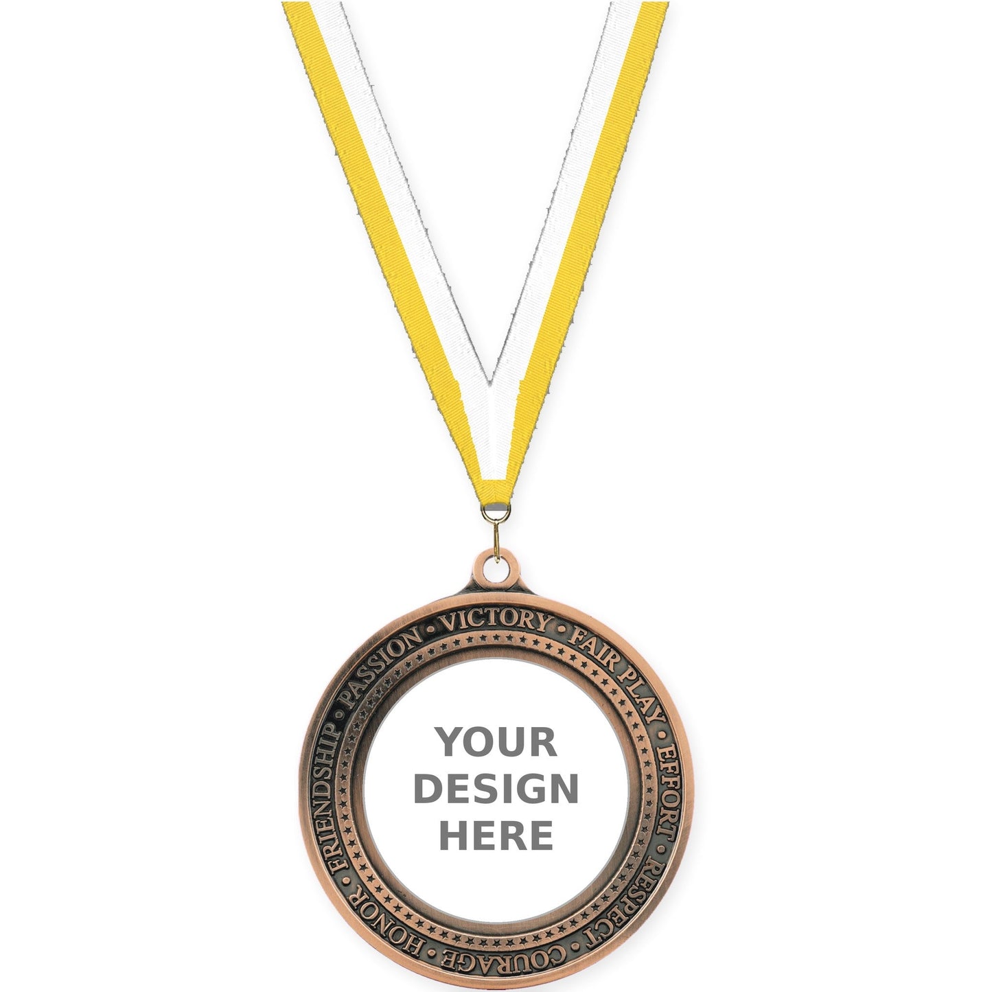 2 3/4 inch Inspiration Ring insert medal in antique bronze with Yellow White neck ribbon