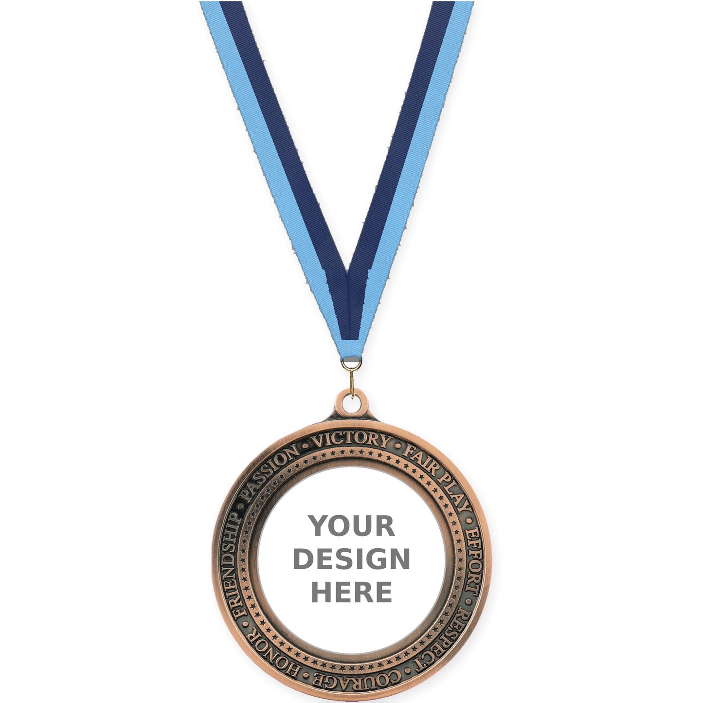 2 3/4 inch Inspiration Ring insert medal in antique bronze with Light Blue Navy neck ribbon