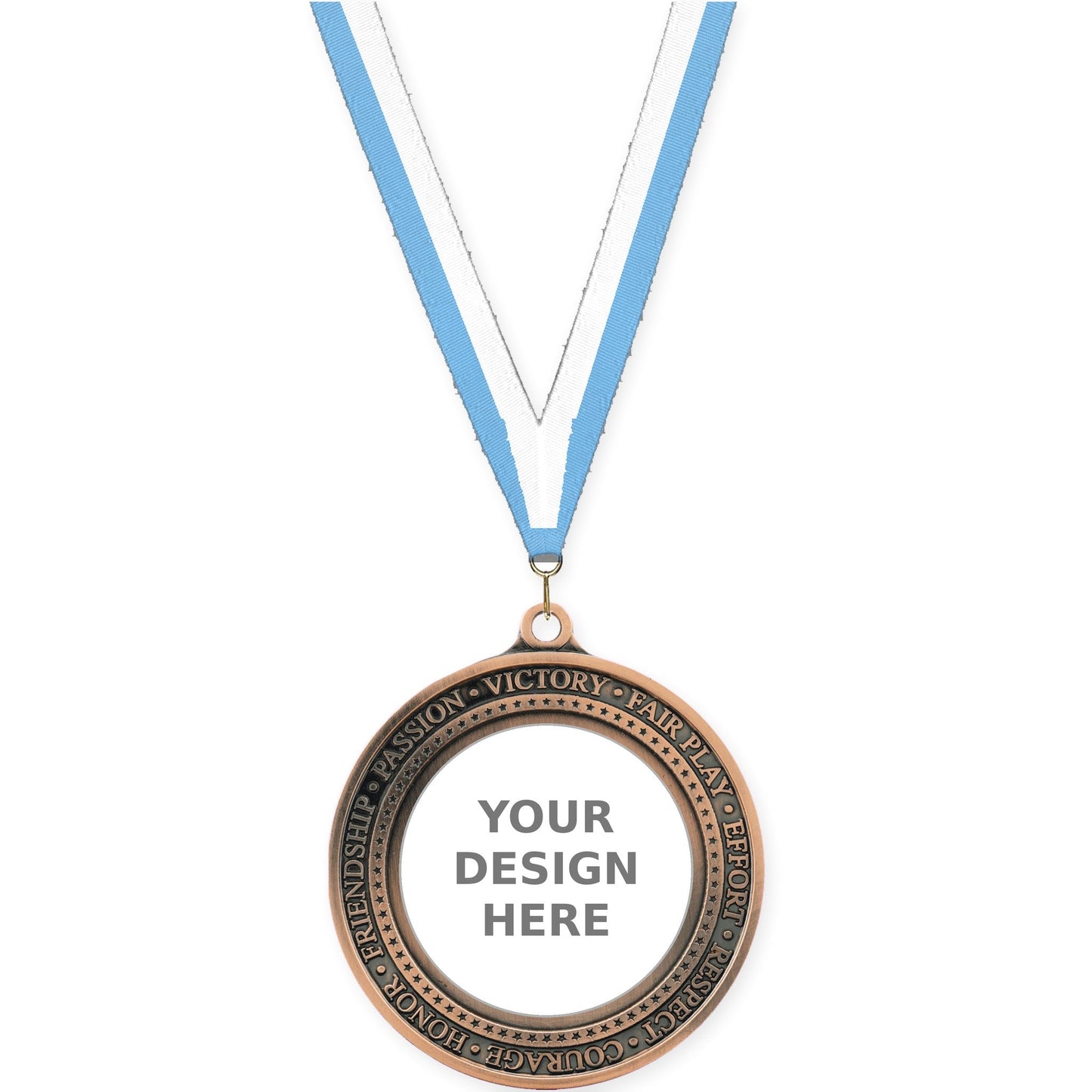2 3/4 inch Inspiration Ring insert medal in antique bronze with Light Blue White neck ribbon