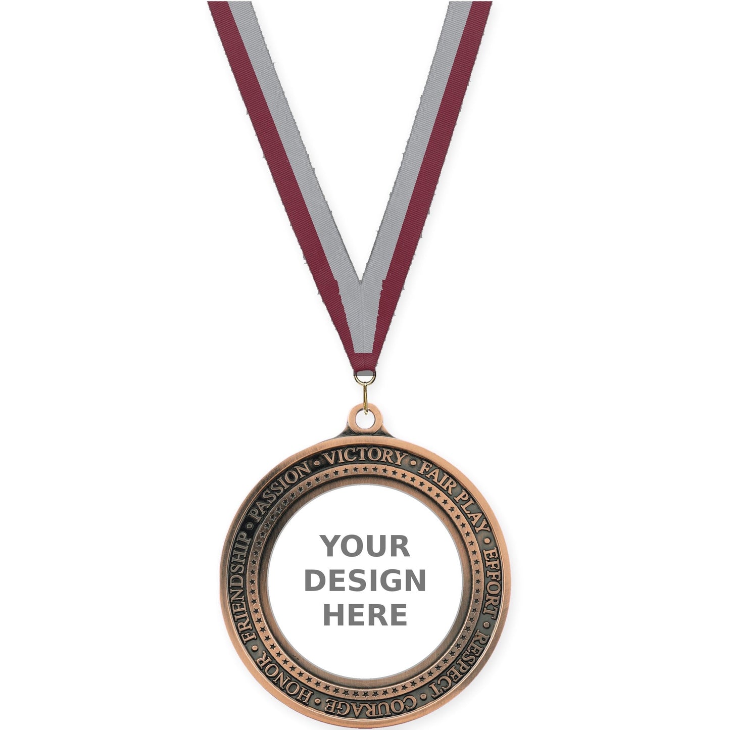 2 3/4 inch Inspiration Ring insert medal in antique bronze with Maroon Gray neck ribbon