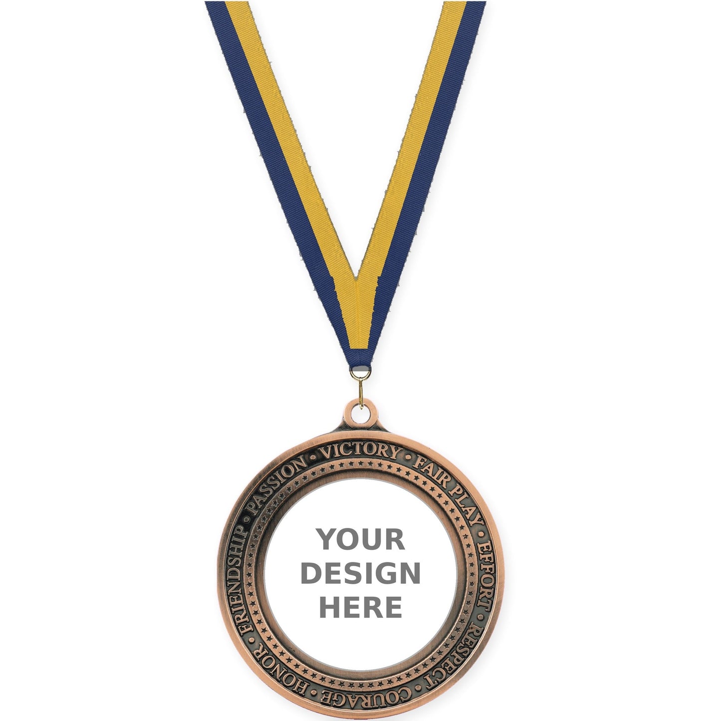 2 3/4 inch Inspiration Ring insert medal in antique bronze with Navy Gold neck ribbon
