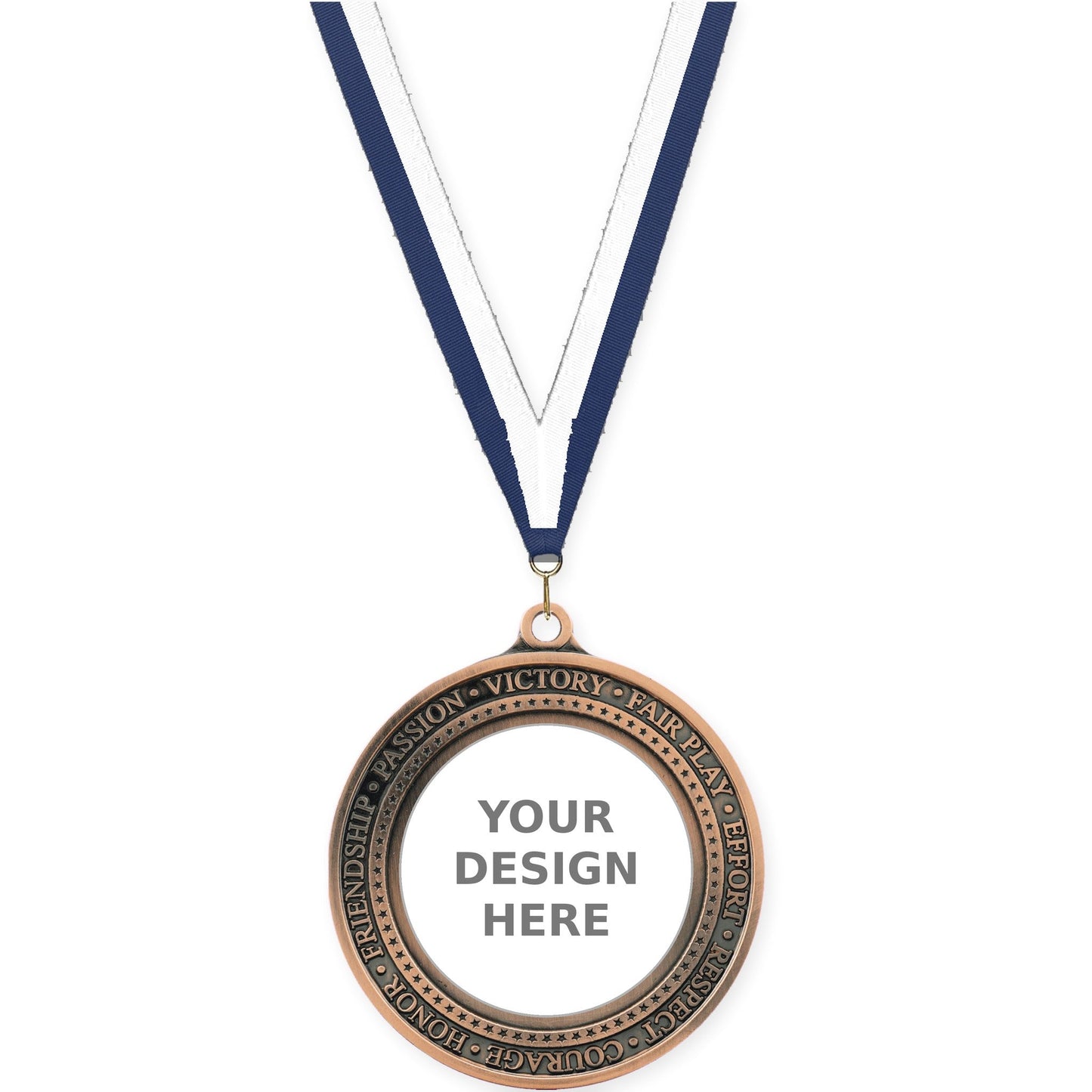 2 3/4 inch Inspiration Ring insert medal in antique bronze with Navy White neck ribbon