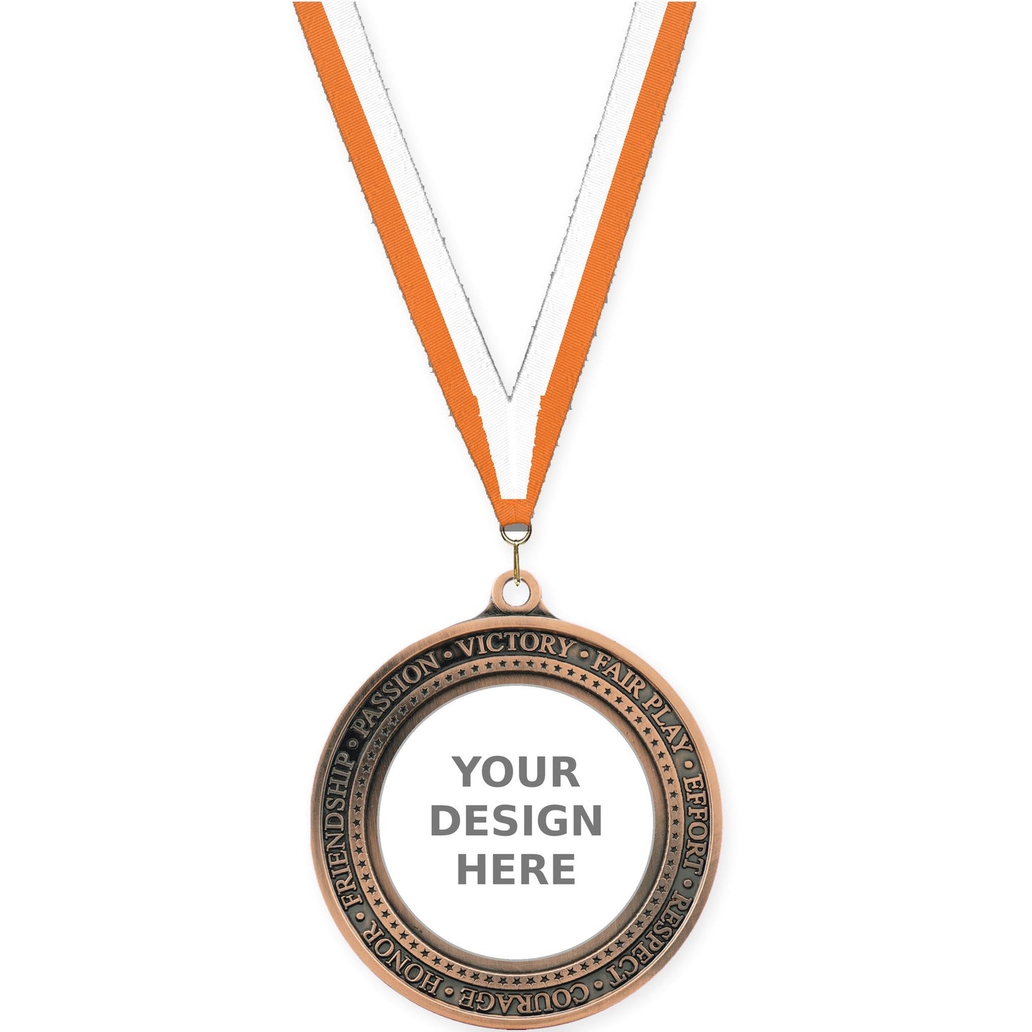 2 3/4 inch Inspiration Ring insert medal in antique bronze with Orange White neck ribbon