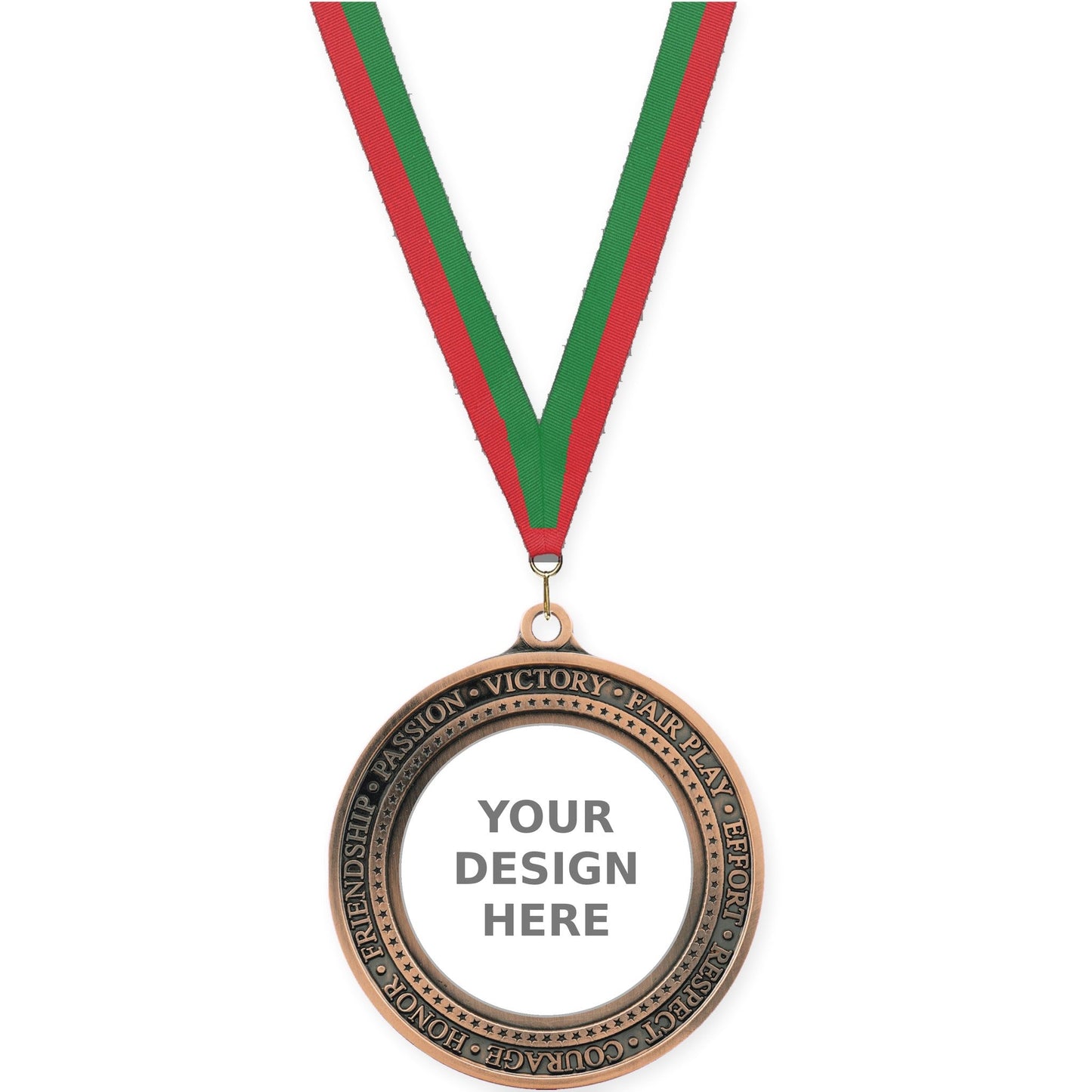 2 3/4 inch Inspiration Ring insert medal in antique bronze with Red Green neck ribbon