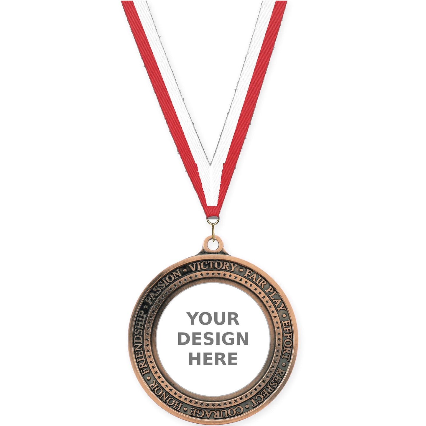 2 3/4 inch Inspiration Ring insert medal in antique bronze with Red White neck ribbon