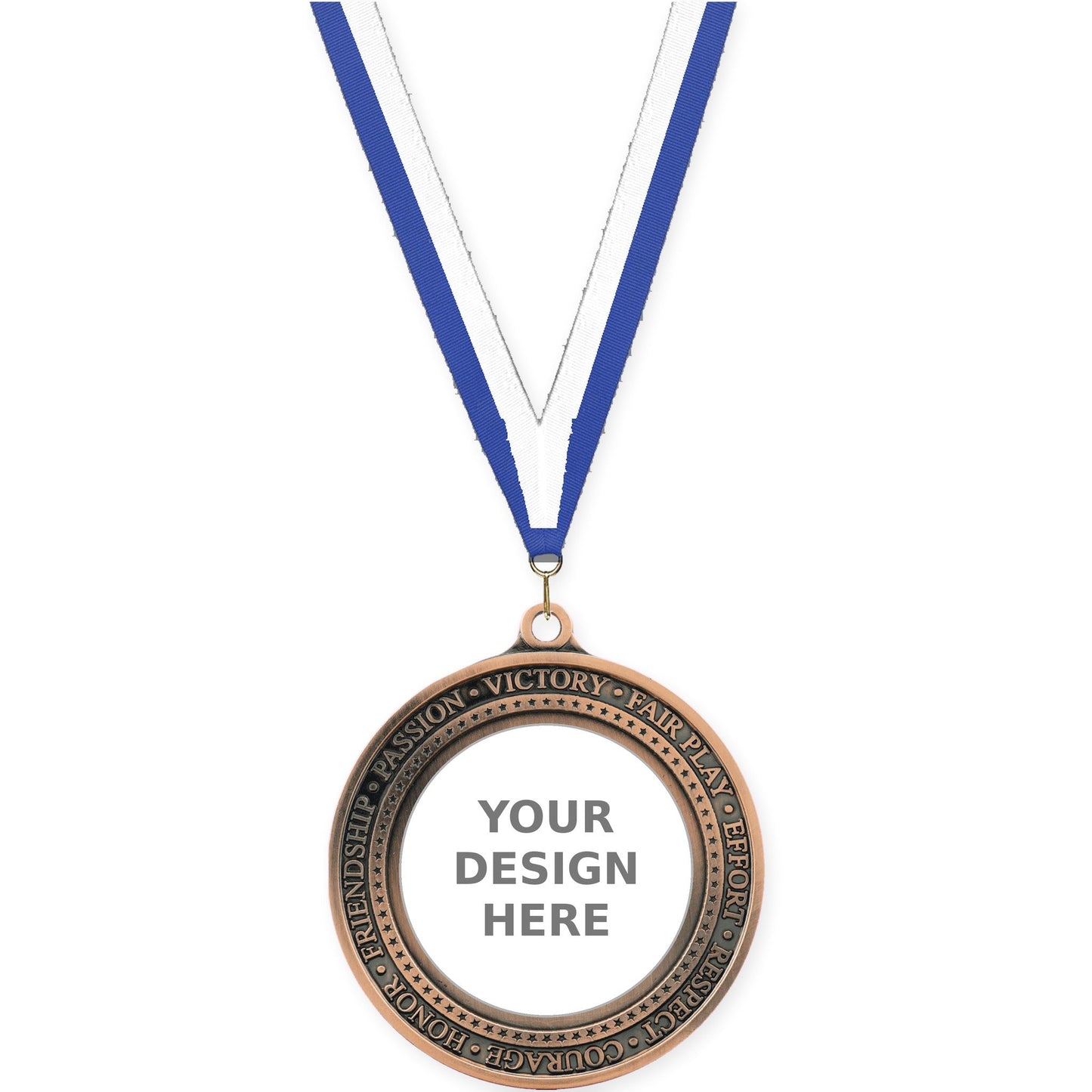 2 3/4 inch Inspiration Ring insert medal in antique bronze with Blue White neck ribbon