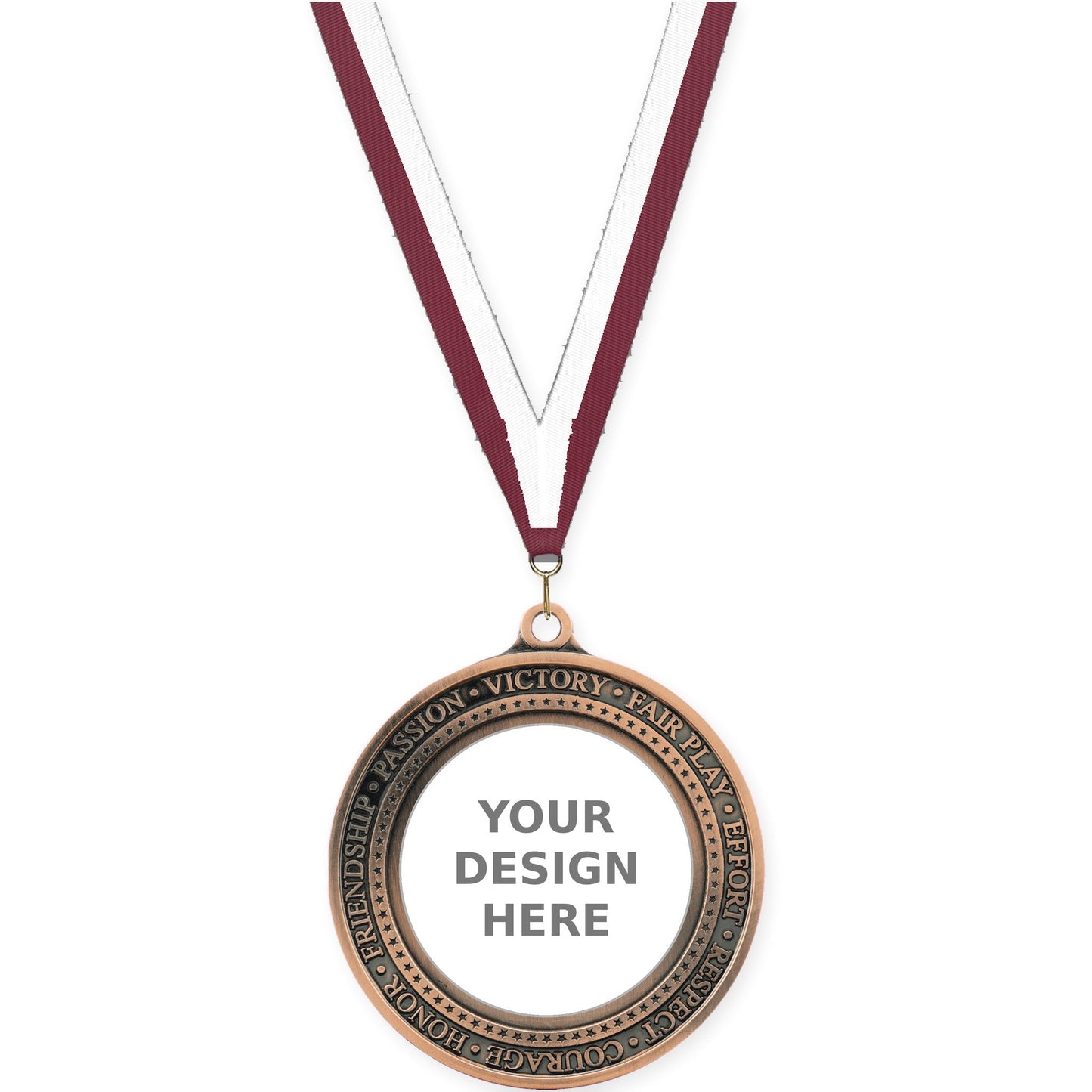 2 3/4 inch Inspiration Ring insert medal in antique bronze with Maroon White neck ribbon