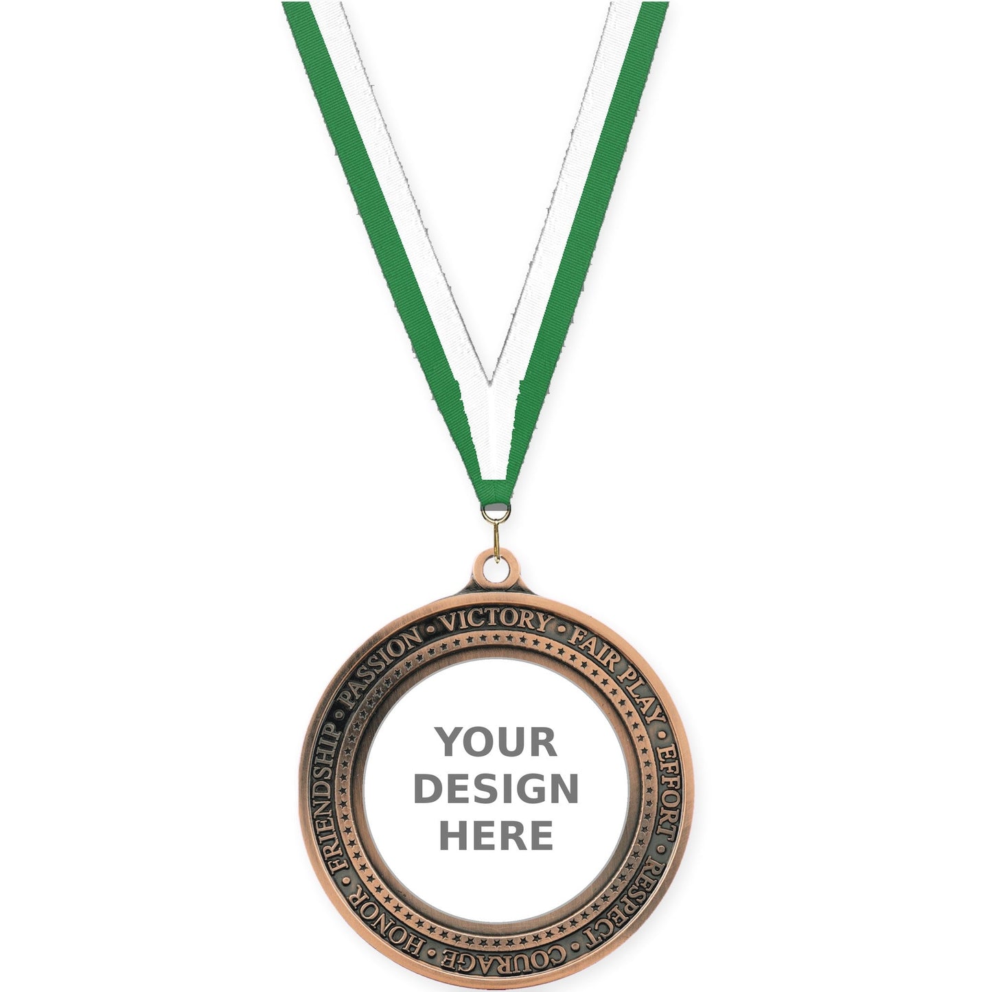 2 3/4 inch Inspiration Ring insert medal in antique bronze with Green White neck ribbon