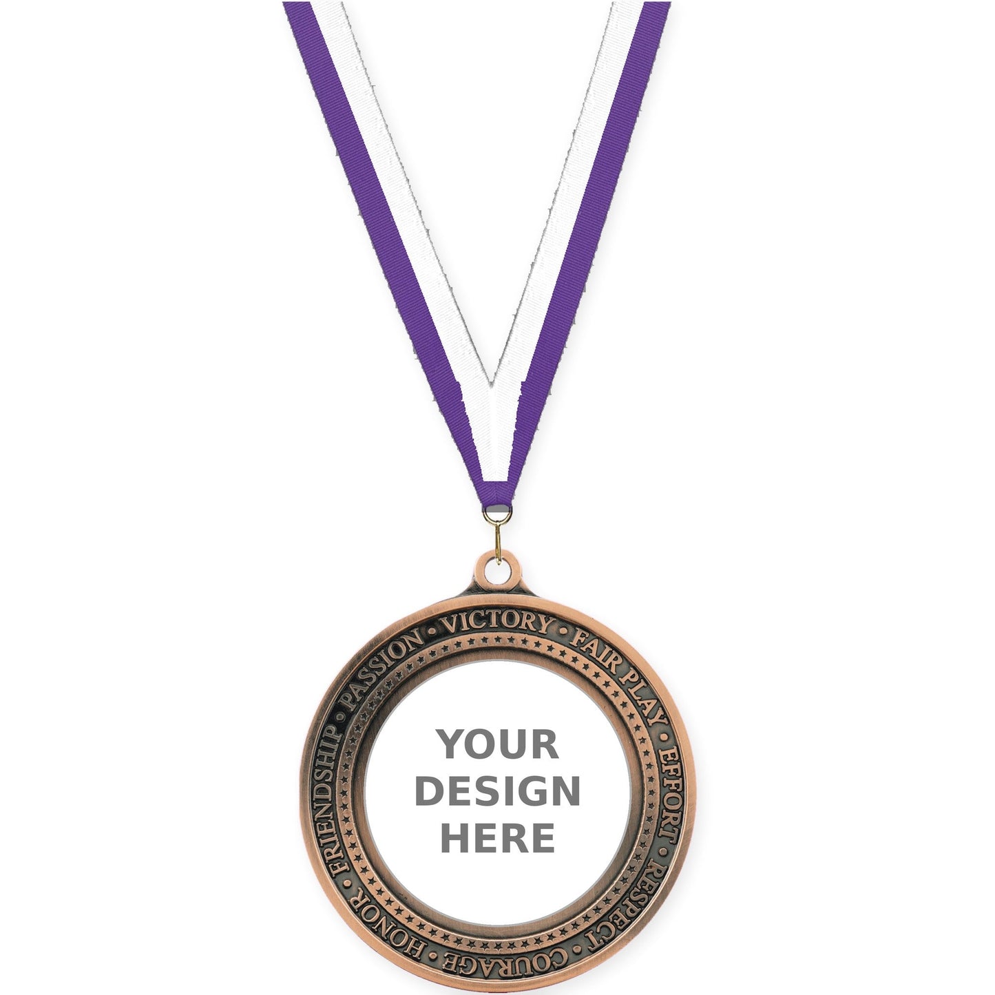 2 3/4 inch Inspiration Ring insert medal in antique bronze with Purple White neck ribbon
