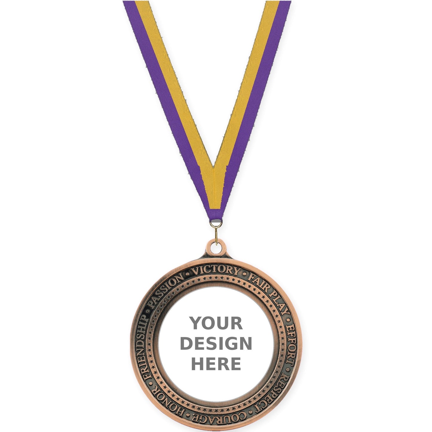 2 3/4 inch Inspiration Ring insert medal in antique bronze with Purple Gold neck ribbon