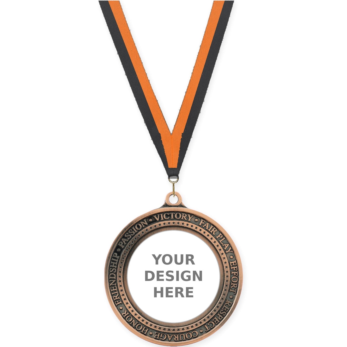 2 3/4 inch Inspiration Ring insert medal in antique bronze with Black Orange neck ribbon
