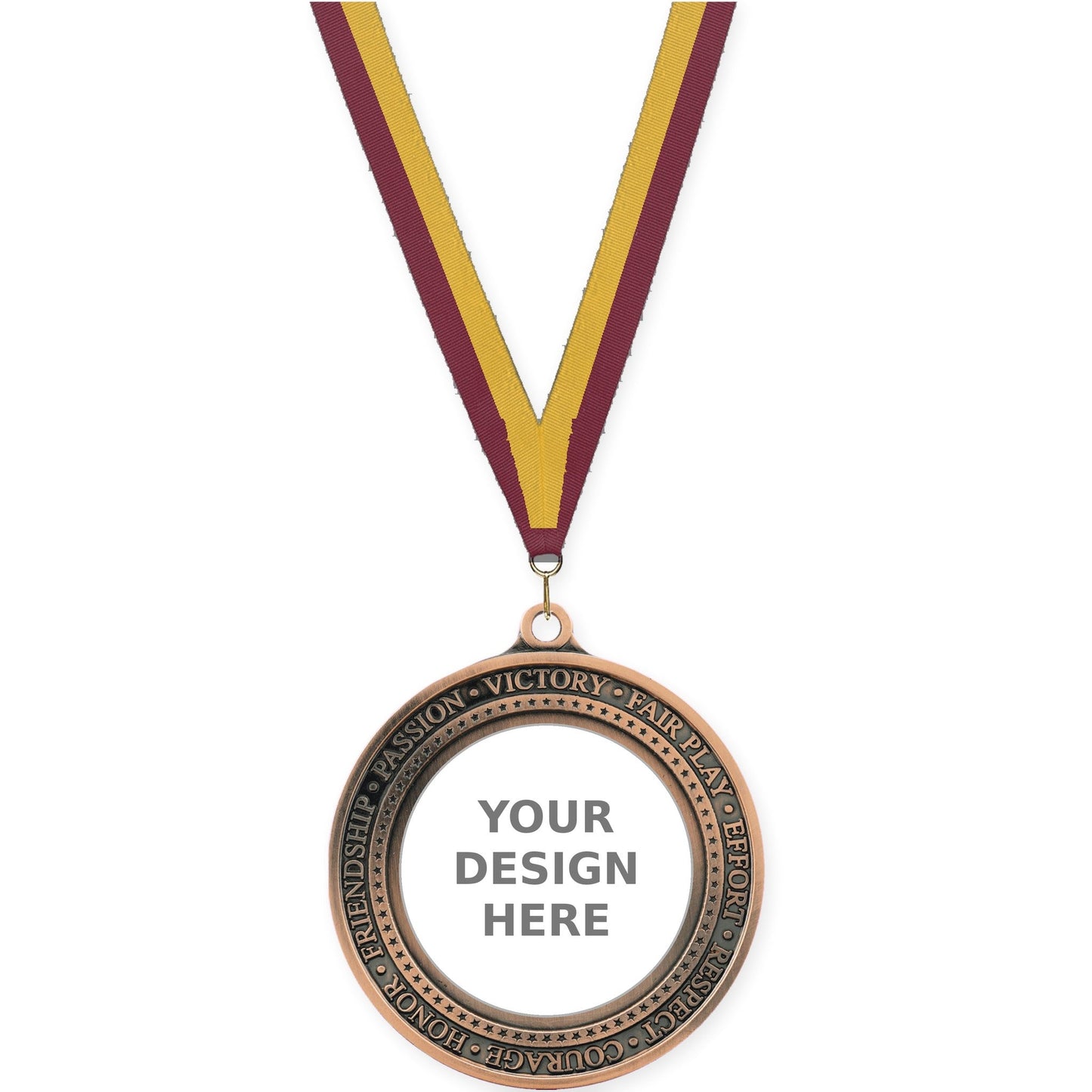 2 3/4 inch Inspiration Ring insert medal in antique bronze with Maroon Gold neck ribbon