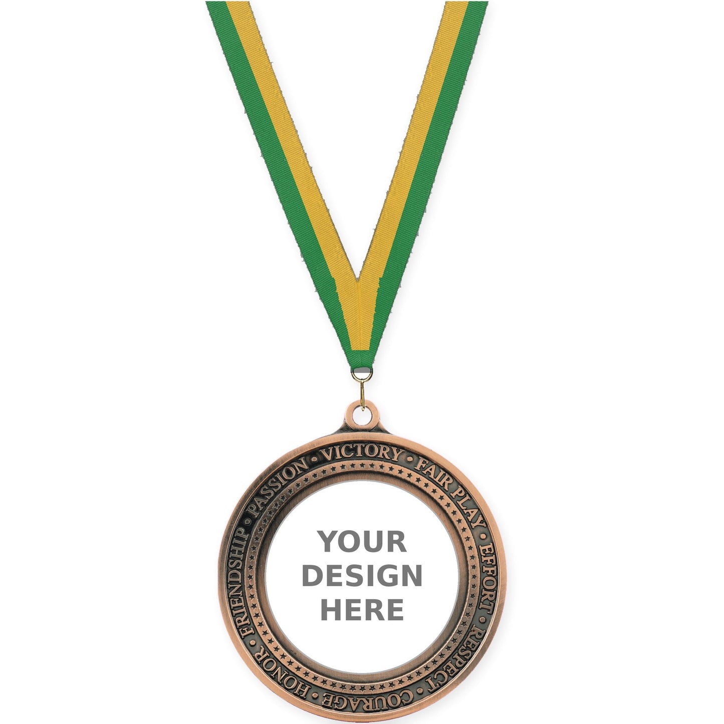 2 3/4 inch Inspiration Ring insert medal in antique bronze with Green Gold neck ribbon