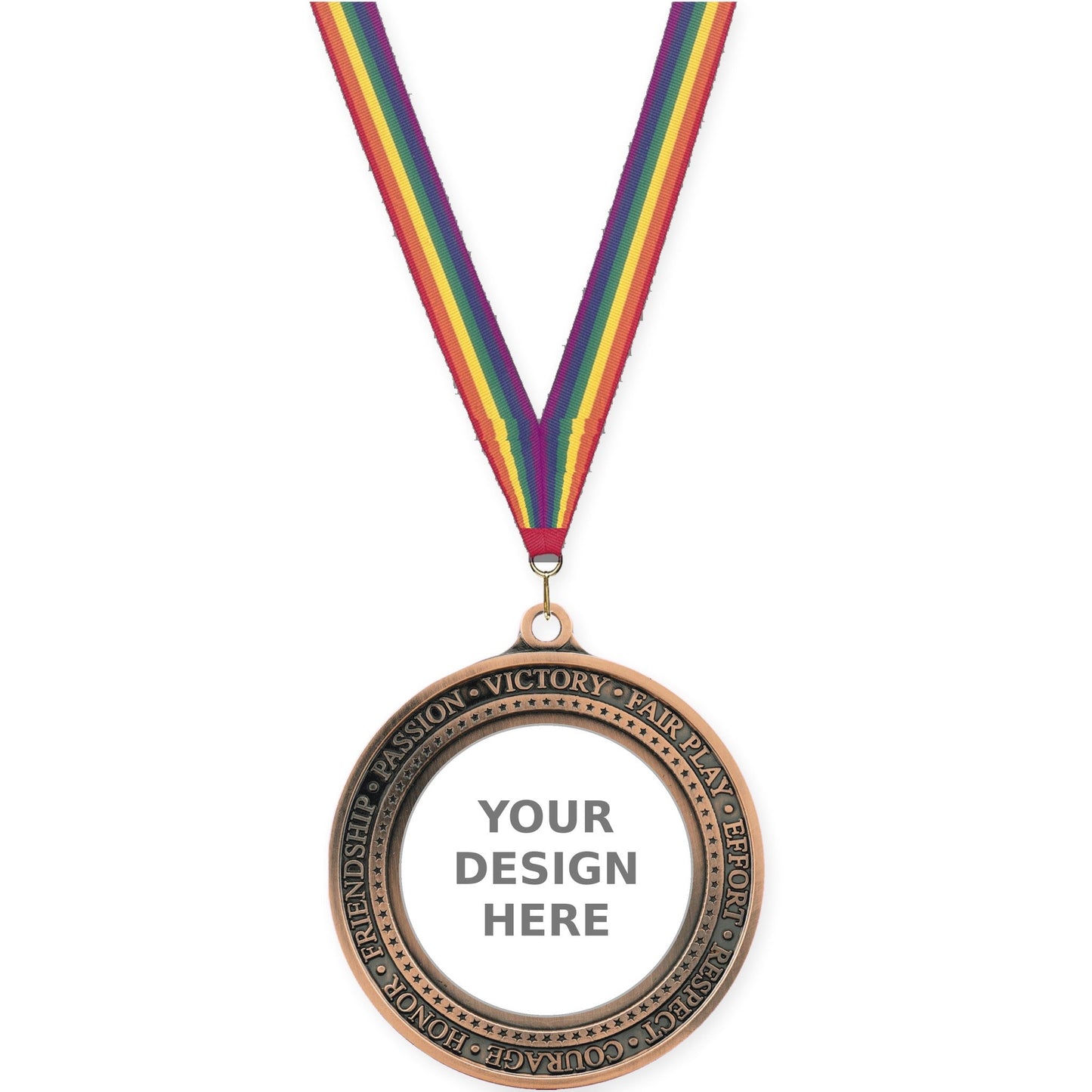 2 3/4 inch Inspiration Ring insert medal in antique bronze with Rainbow neck ribbon