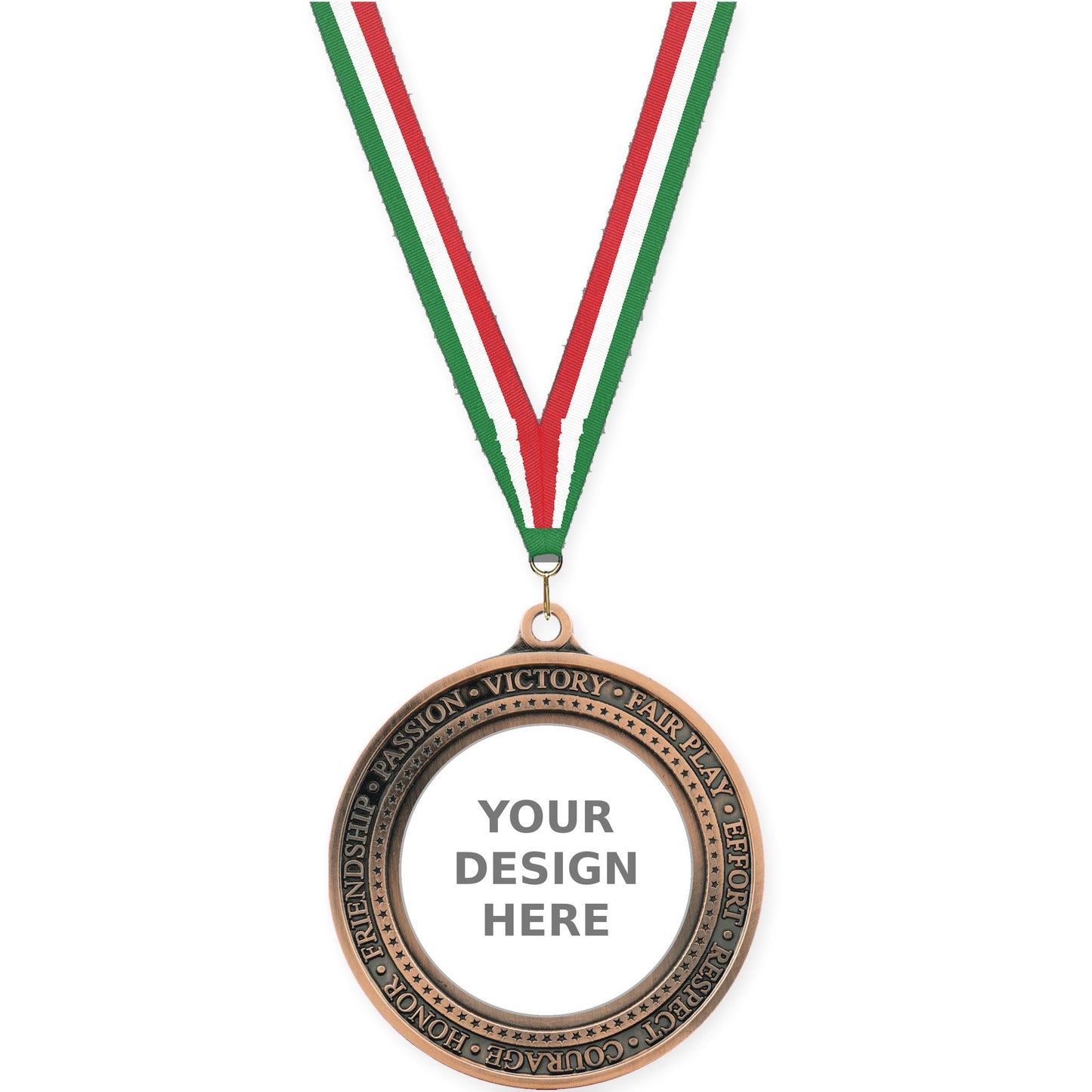 2 3/4 inch Inspiration Ring insert medal in antique bronze with Green White Red neck ribbon