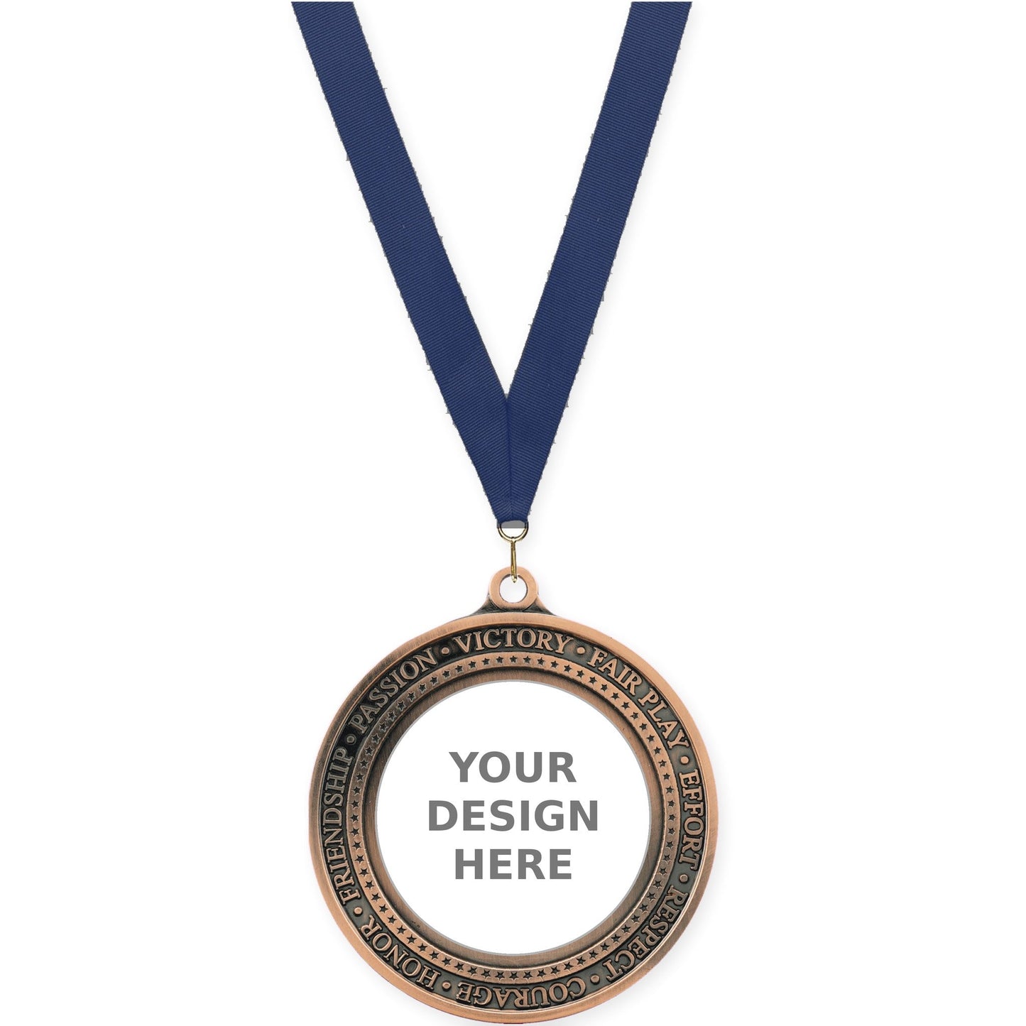 2 3/4 inch Inspiration Ring insert medal in antique bronze with Navy neck ribbon