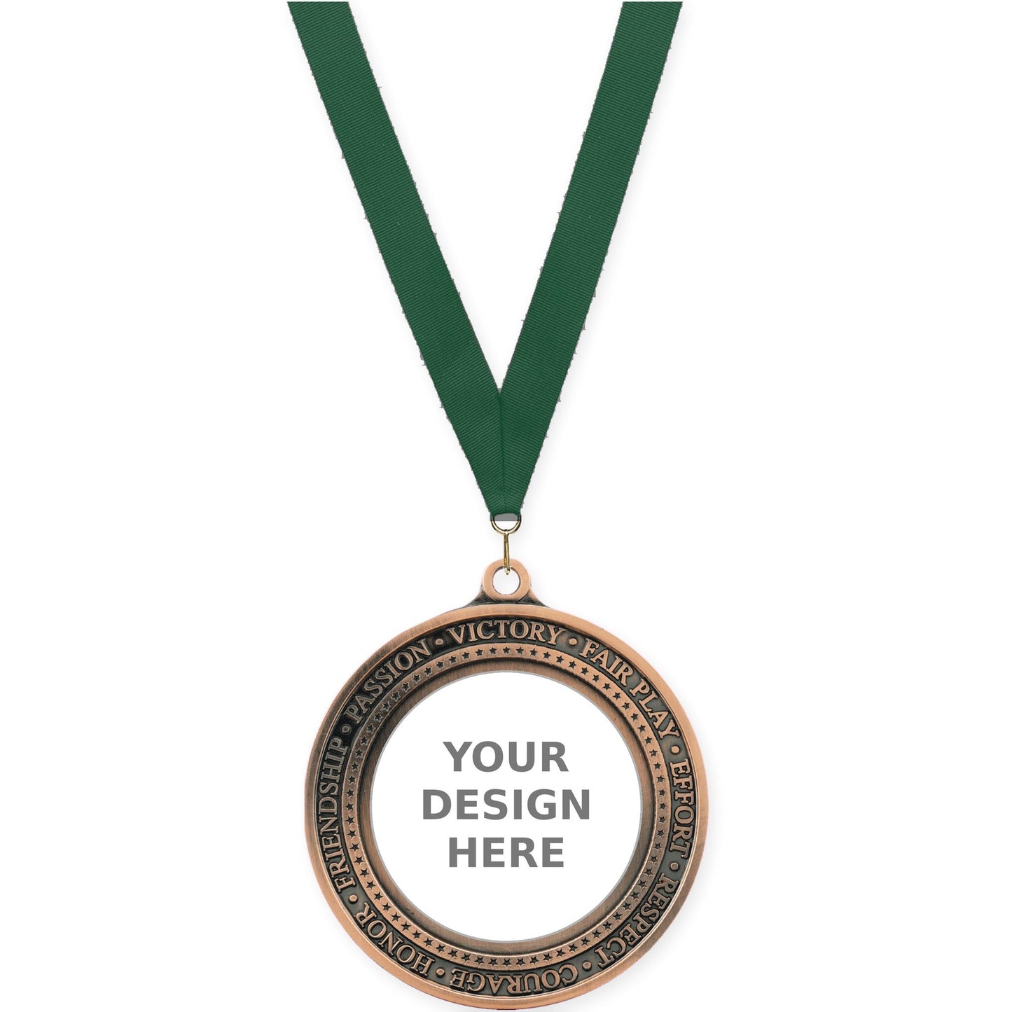 2 3/4 inch Inspiration Ring insert medal in antique bronze with Hunter Green neck ribbon
