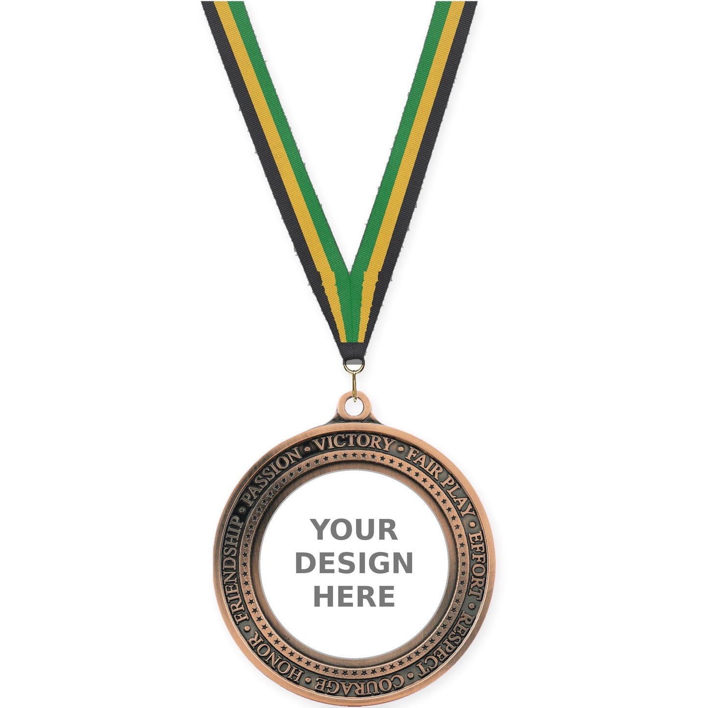 2 3/4 inch Inspiration Ring insert medal in antique bronze with Black Gold Green neck ribbon