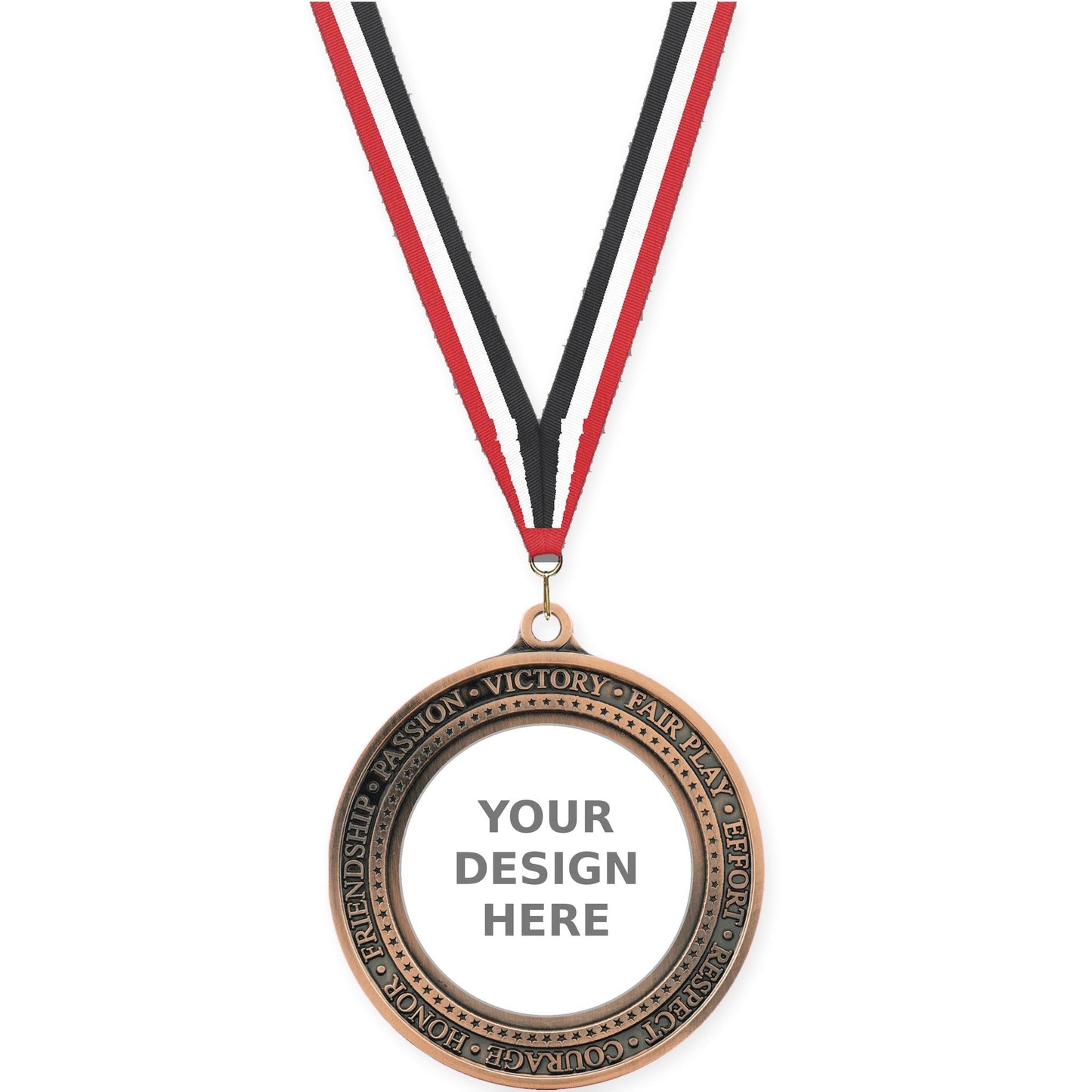 2 3/4 inch Inspiration Ring insert medal in antique bronze with Red White Black neck ribbon