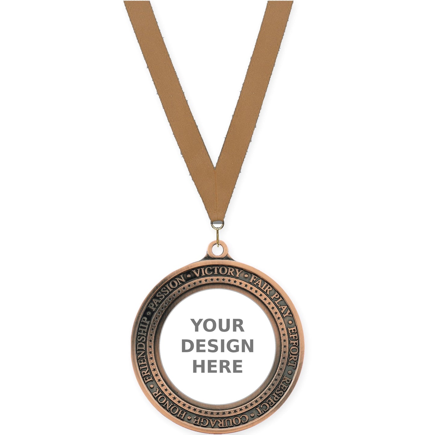 2 3/4 inch Inspiration Ring insert medal in antique bronze with Bronze Metallic neck ribbon