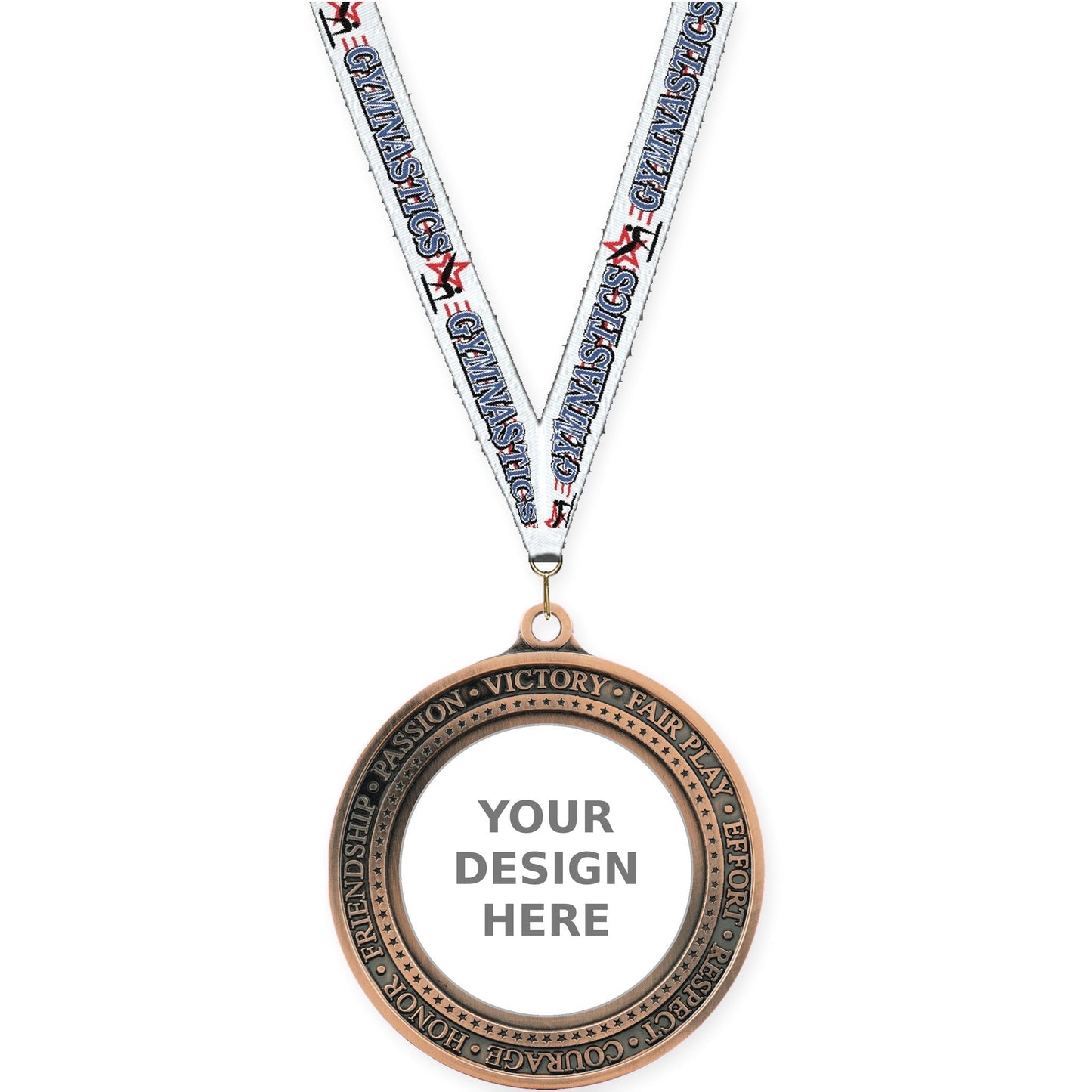 2 3/4 inch Inspiration Ring insert medal in antique bronze with Gymnastics neck ribbon