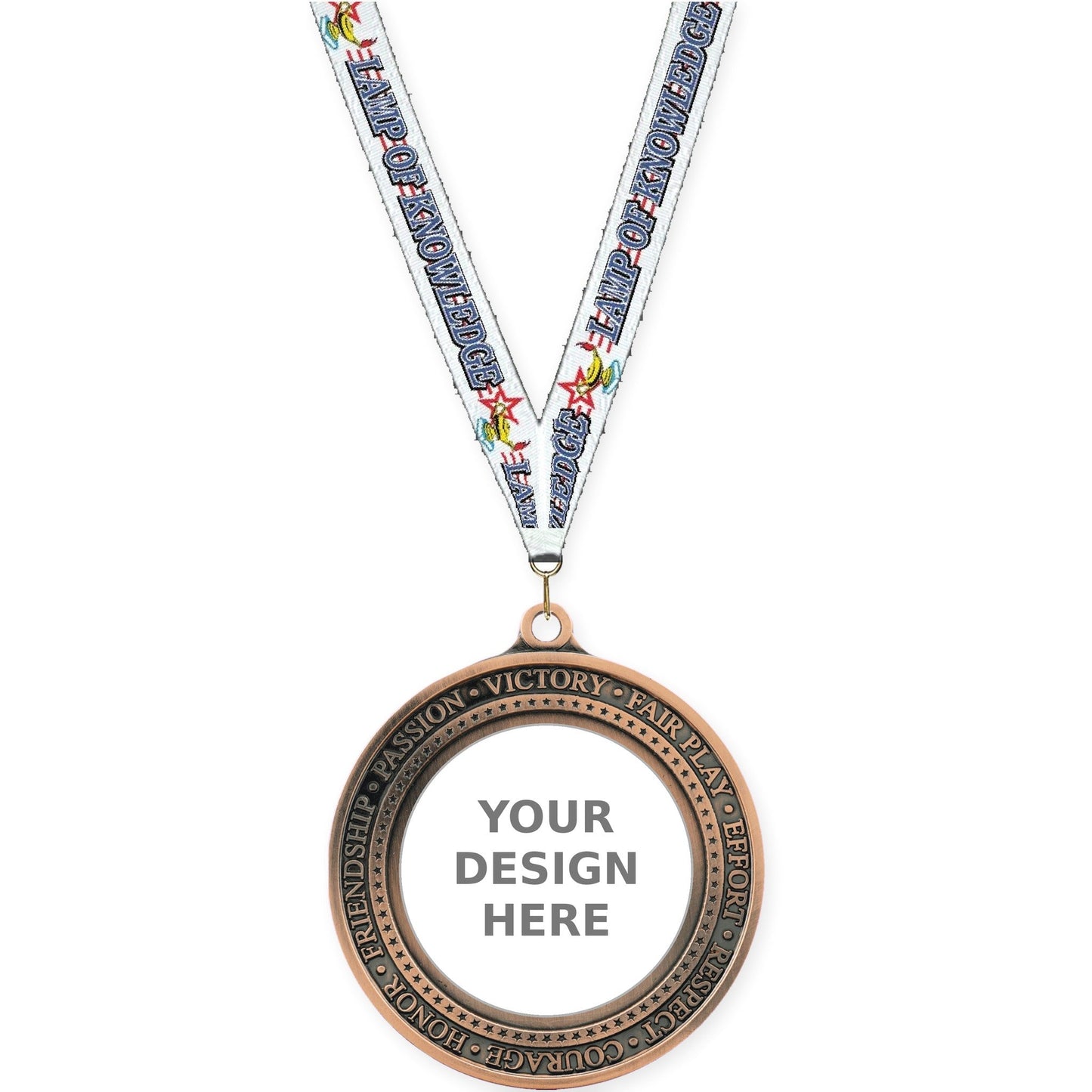 2 3/4 inch Inspiration Ring insert medal in antique bronze with Lamp Of Knowledge neck ribbon