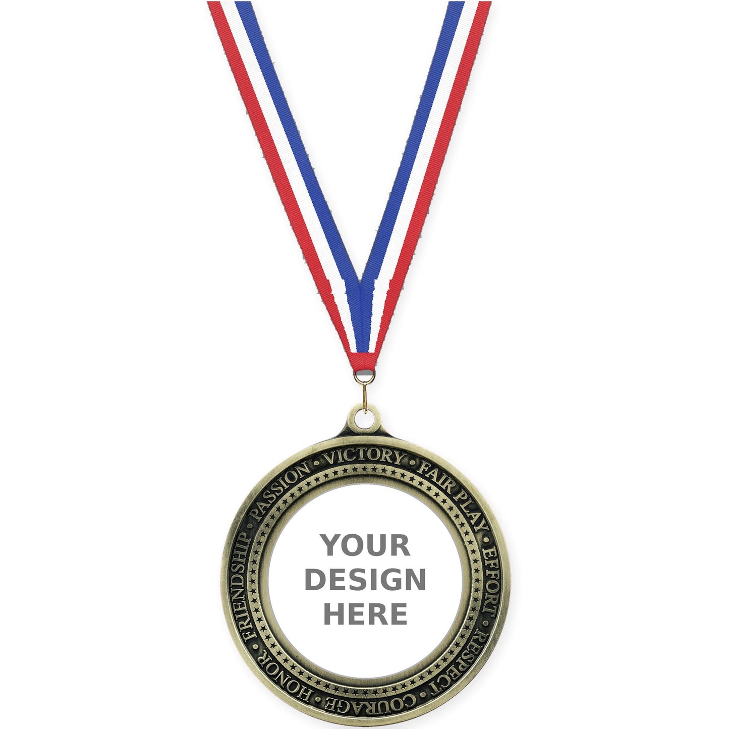 2 3/4 inch Inspiration Ring insert medal in antique gold with Red White Blue neck ribbon