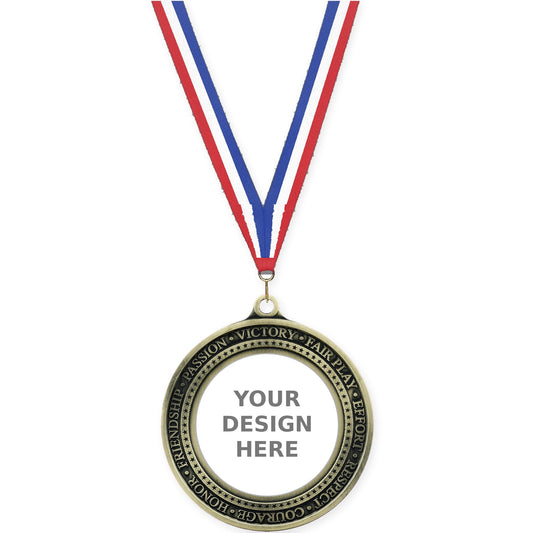 2 3/4 inch Inspiration Ring insert medal in antique gold with Red White Blue neck ribbon