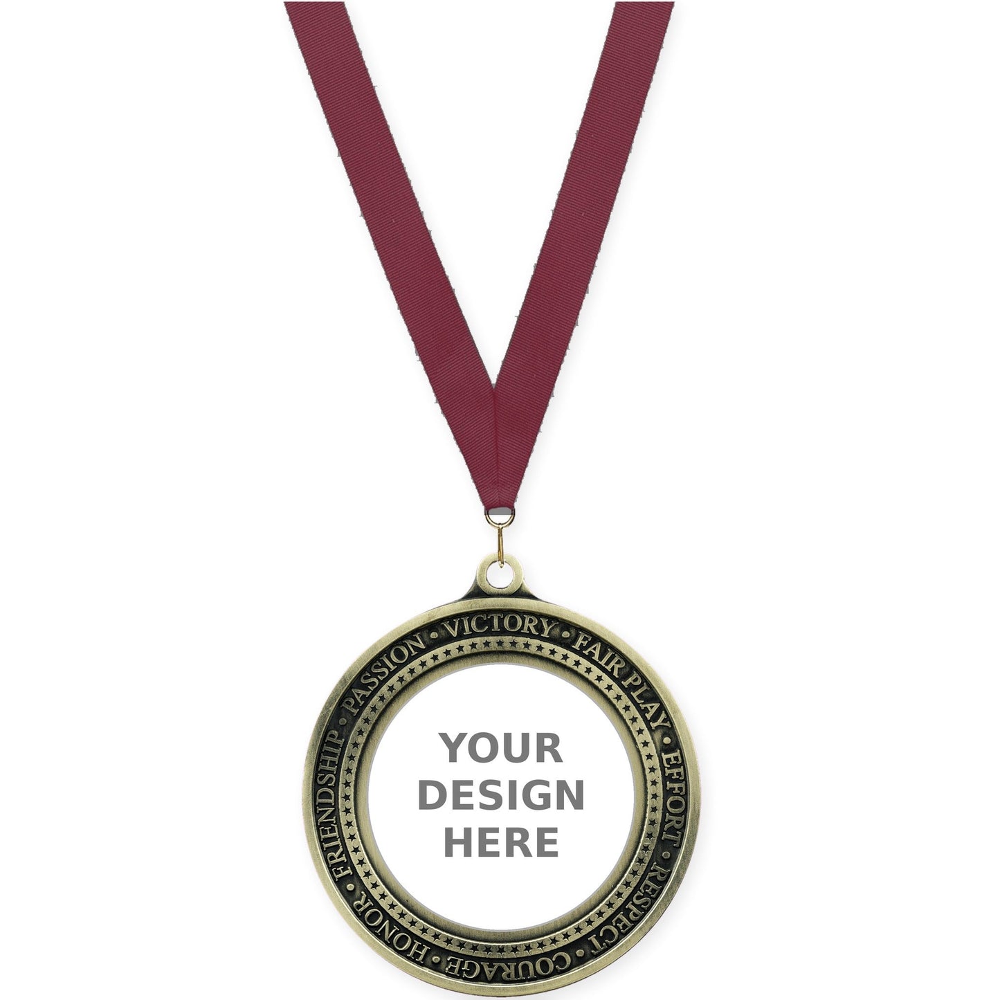 2 3/4 inch Inspiration Ring insert medal in antique gold with Maroon neck ribbon