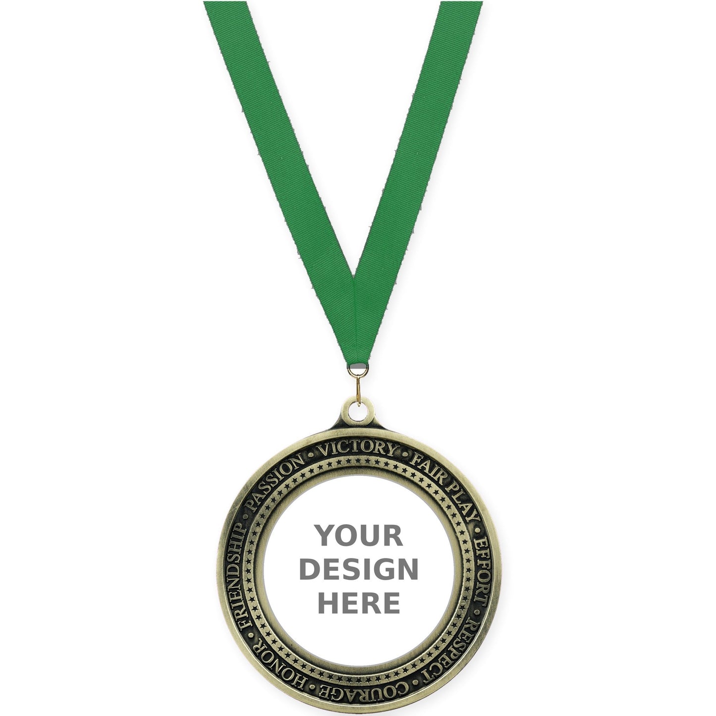 2 3/4 inch Inspiration Ring insert medal in antique gold with Green neck ribbon