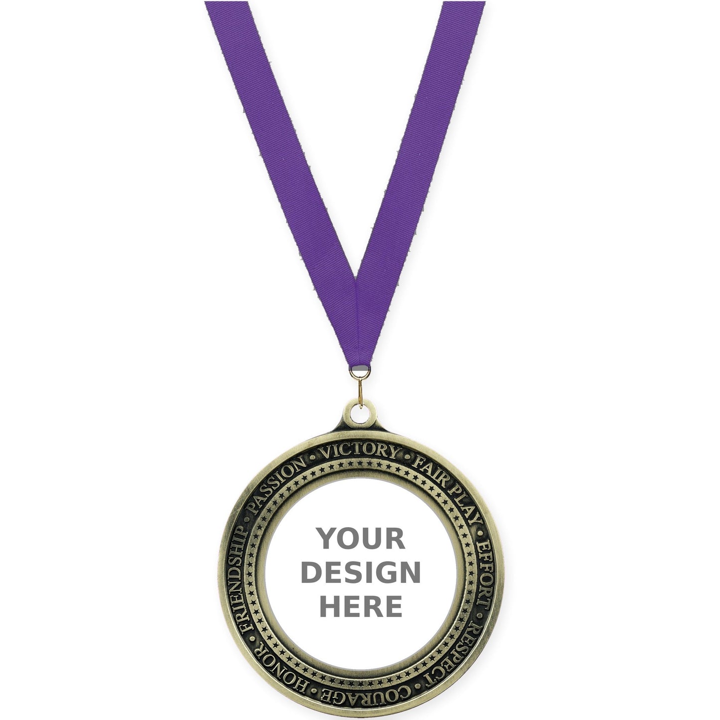 2 3/4 inch Inspiration Ring insert medal in antique gold with Purple neck ribbon