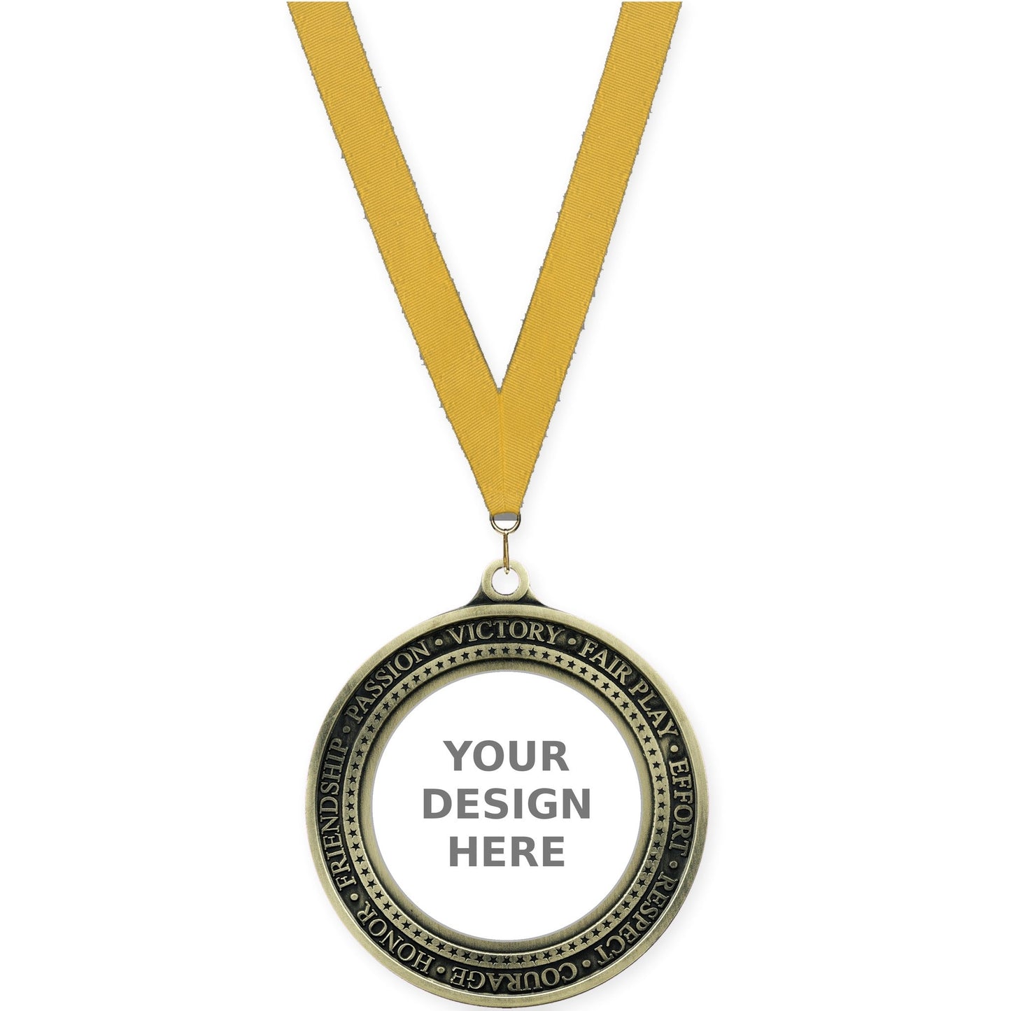 2 3/4 inch Inspiration Ring insert medal in antique gold with Gold neck ribbon
