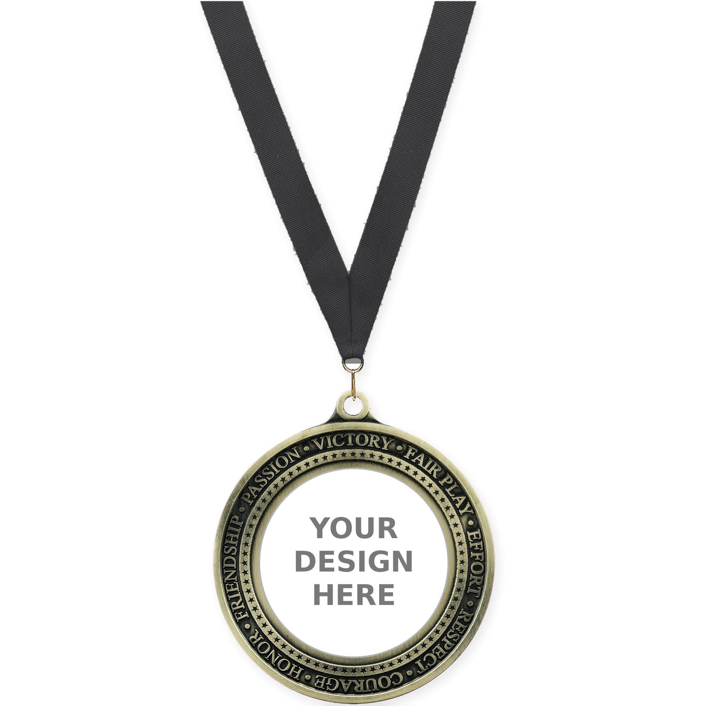 2 3/4 inch Inspiration Ring insert medal in antique gold with Black neck ribbon