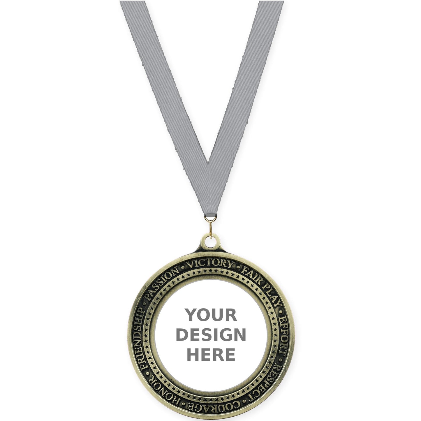 2 3/4 inch Inspiration Ring insert medal in antique gold with Gray neck ribbon
