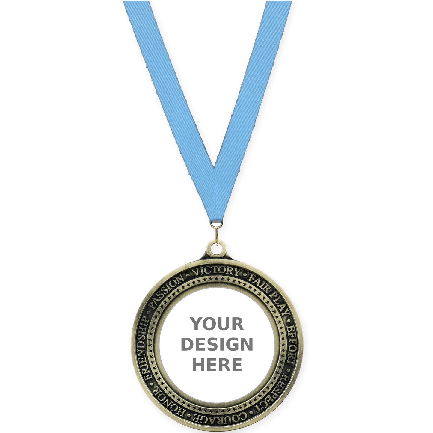 2 3/4 inch Inspiration Ring insert medal in antique gold with Light Blue neck ribbon