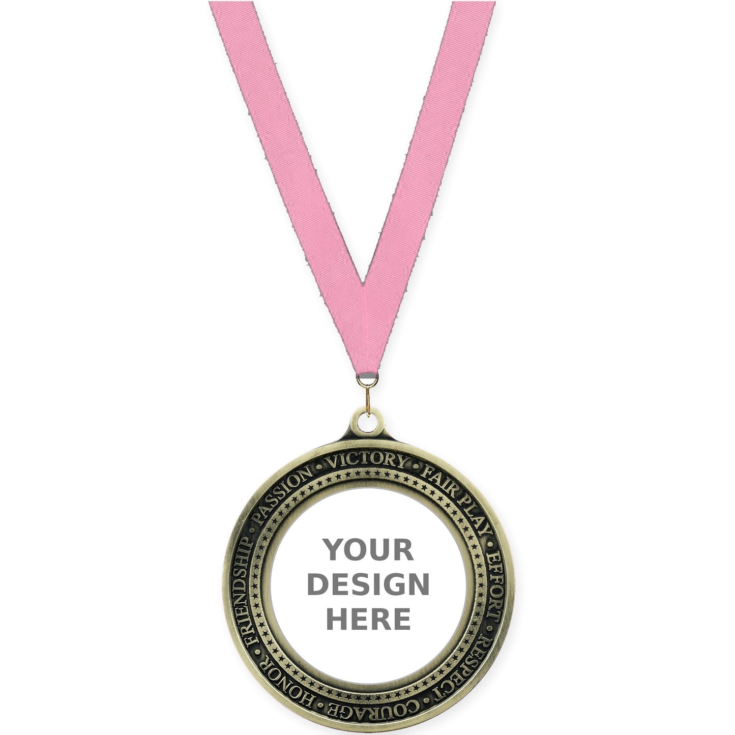 2 3/4 inch Inspiration Ring insert medal in antique gold with Pink neck ribbon