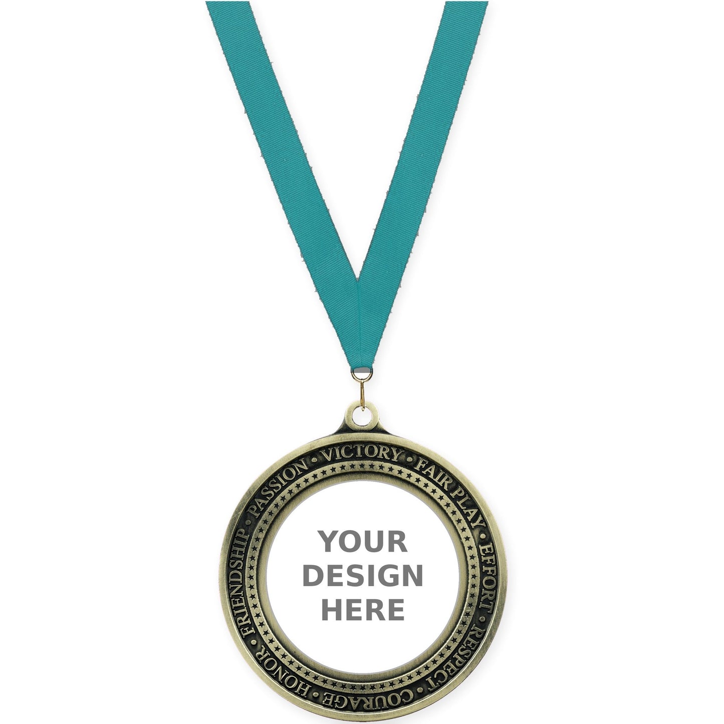 2 3/4 inch Inspiration Ring insert medal in antique gold with Teal neck ribbon