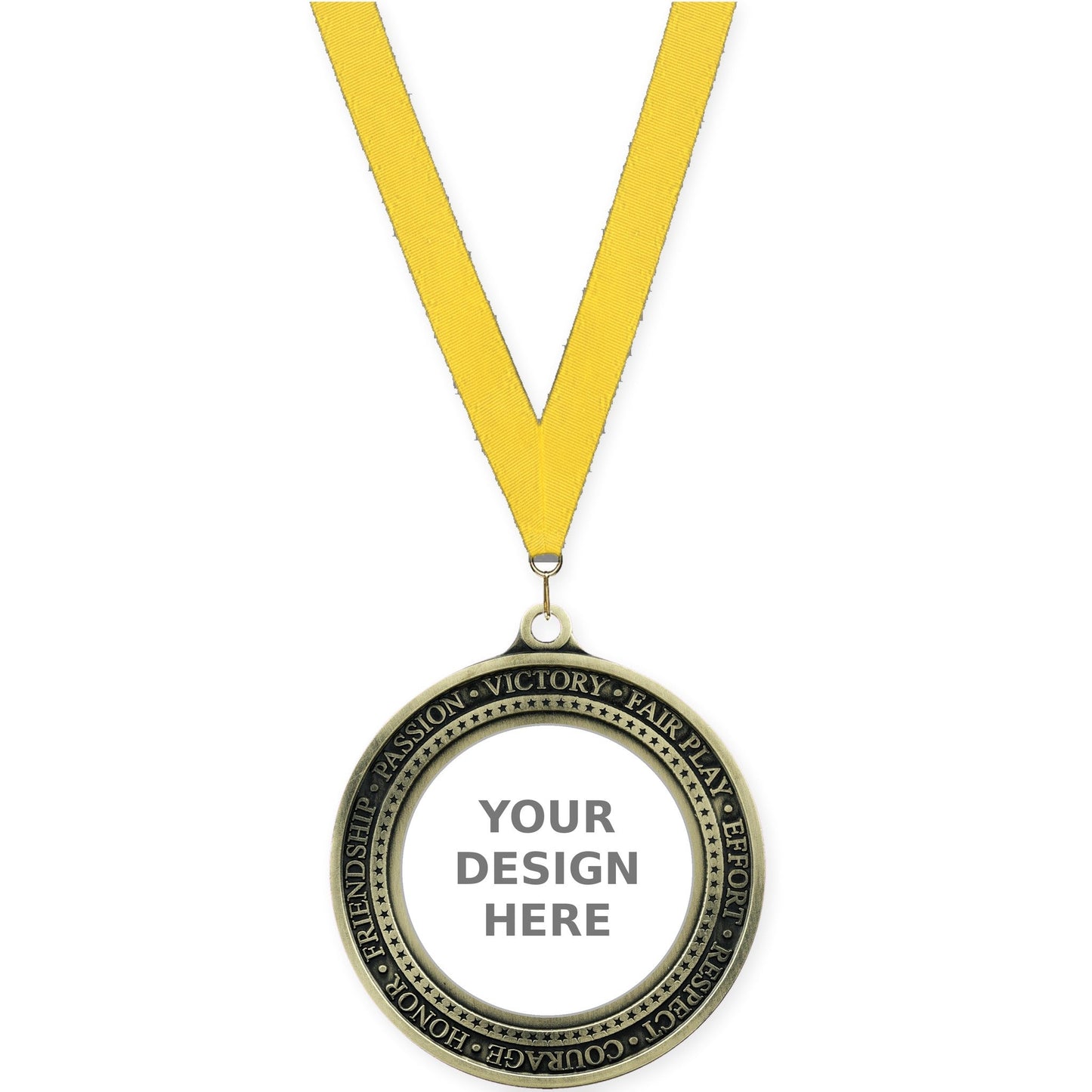 2 3/4 inch Inspiration Ring insert medal in antique gold with Yellow neck ribbon
