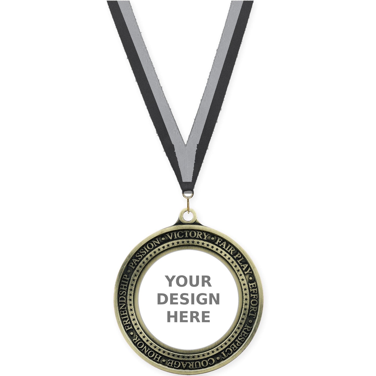 2 3/4 inch Inspiration Ring insert medal in antique gold with Black Gray neck ribbon
