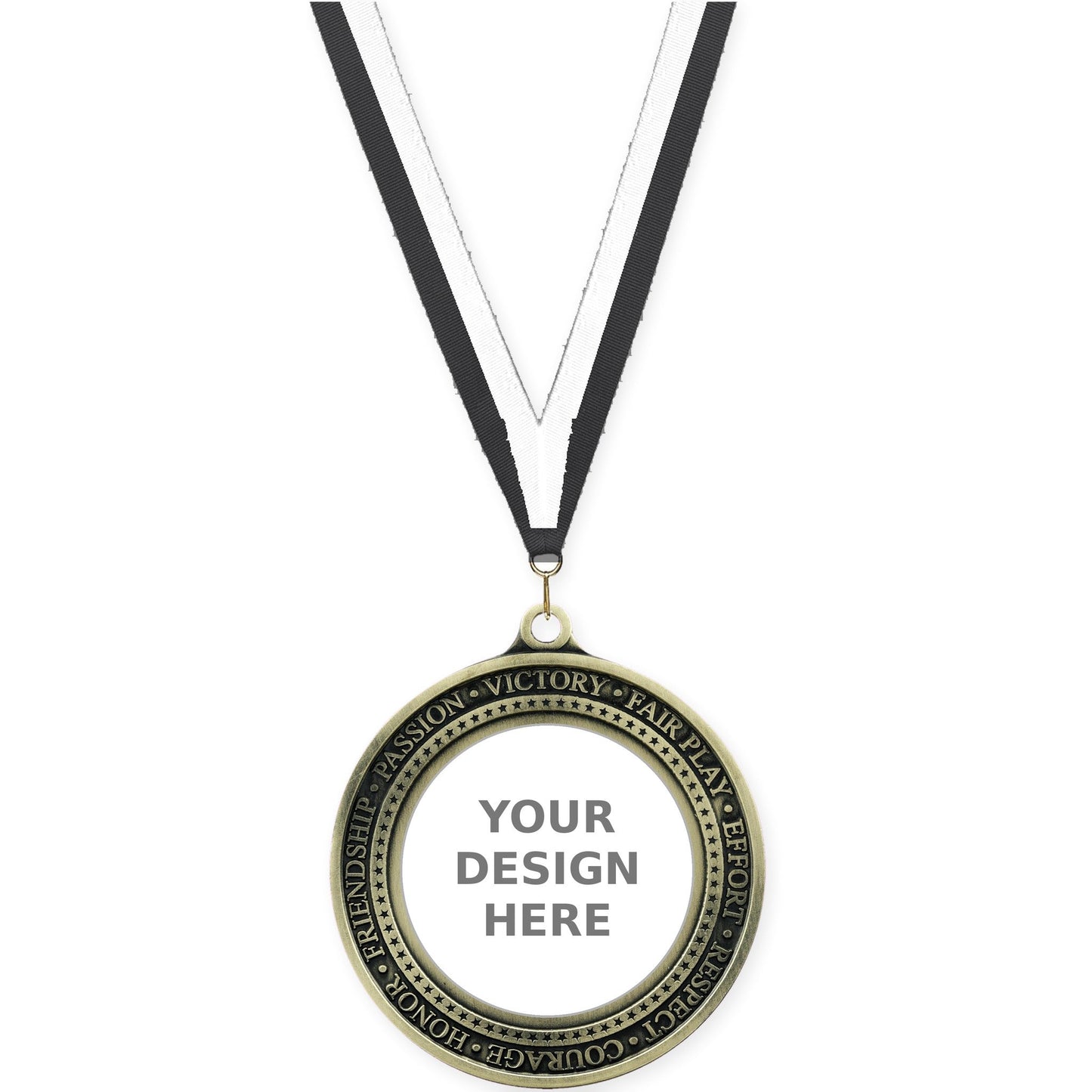 2 3/4 inch Inspiration Ring insert medal in antique gold with Black White neck ribbon